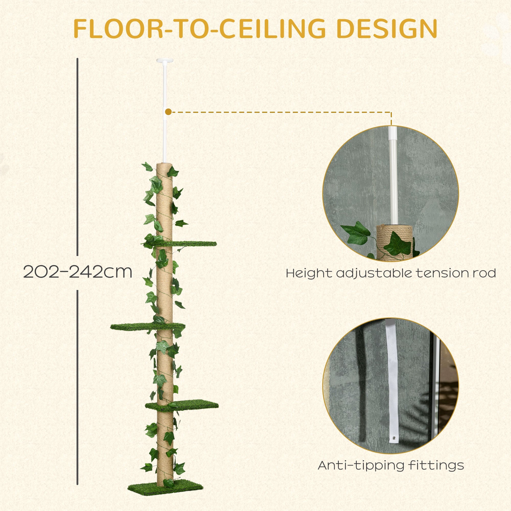 242cm Floor to Ceiling Cat Tree, Height Adjustable Kitten Tower with Anti-slip Kit, Highly Simulated Multi-Layer Activity Center Green-4