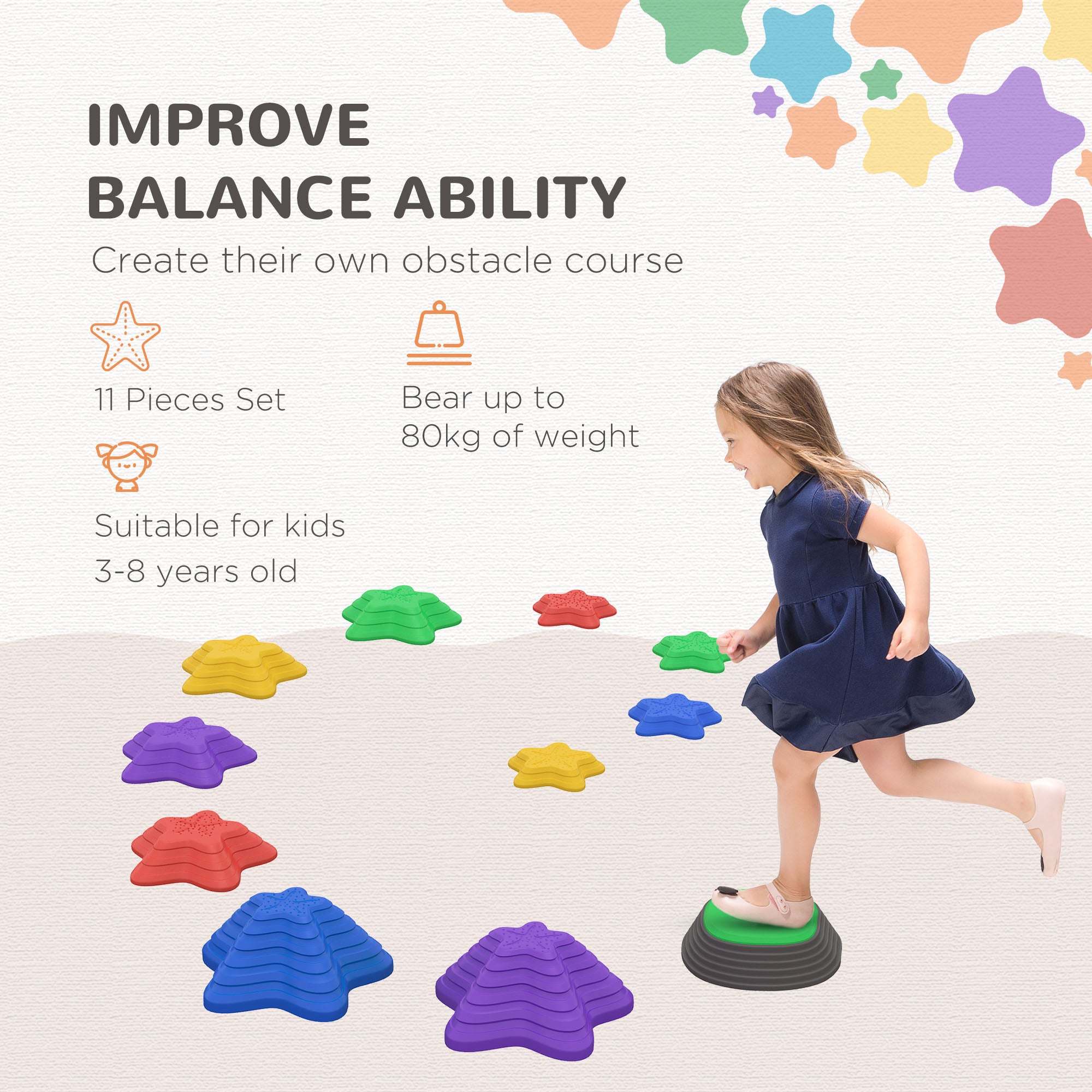 11 Piece Kids Balance Stepping Stones Set - Non Slip Starfish Shape-3