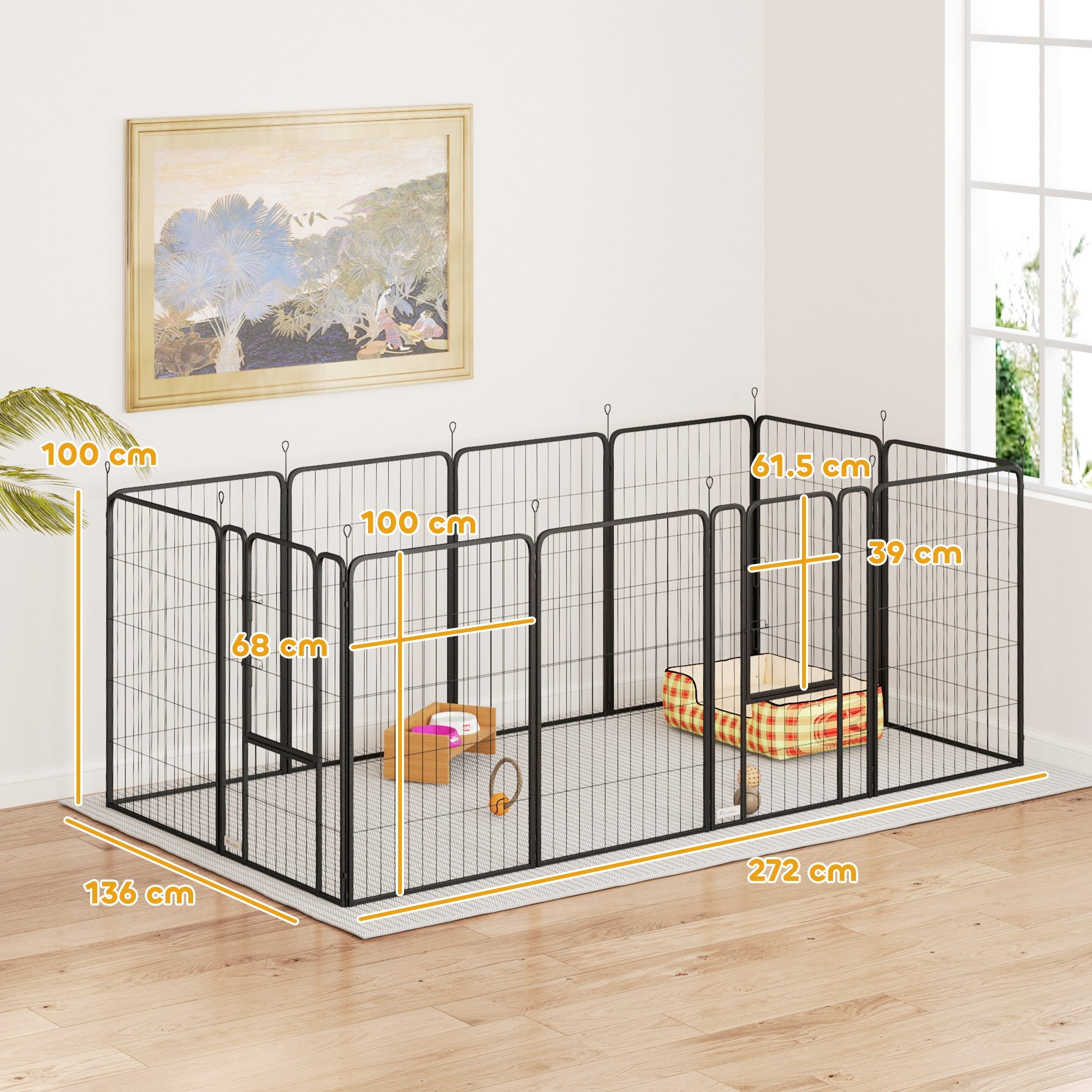 12 Panels Heavy Duty Dog Playpen with Doors, for Large Dogs, 100cm High, Black-2