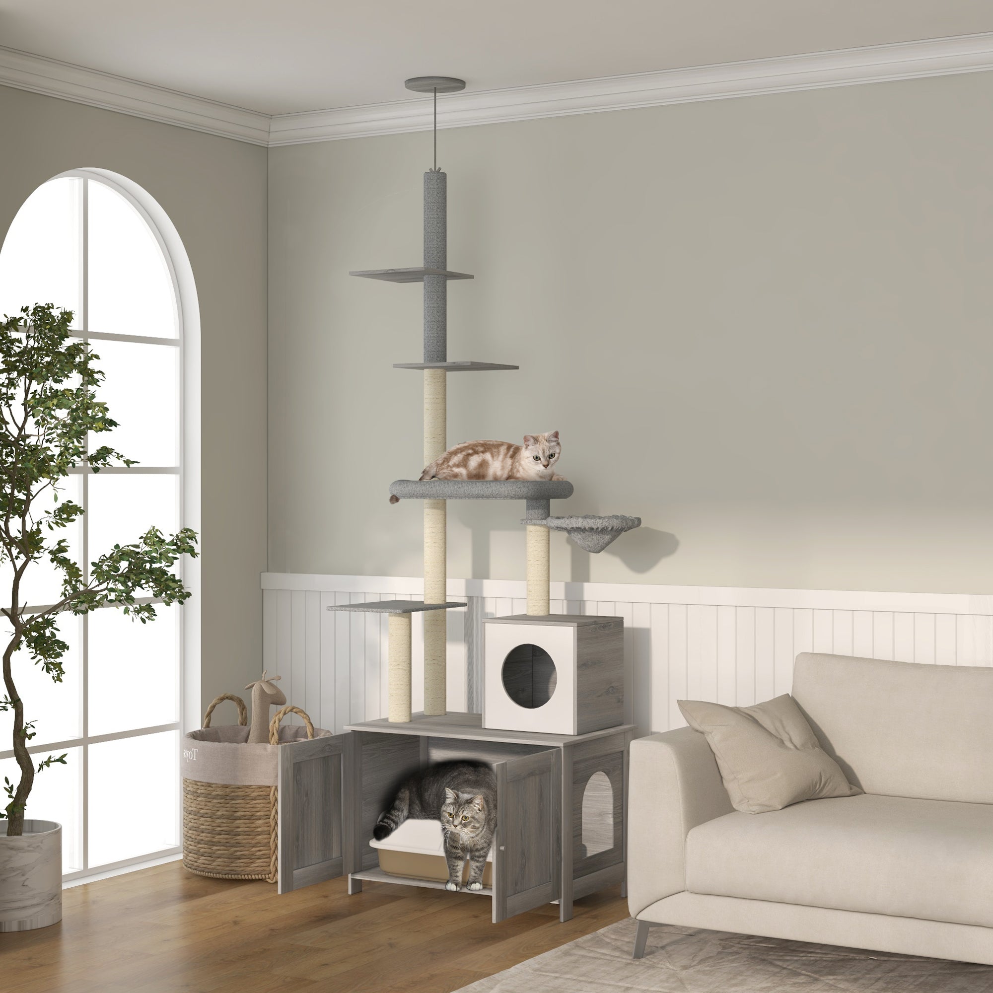 2-in-1 Floor-To-Ceiling Cat Tree with Hidden Litter Box, for Indoor Use - Grey-1