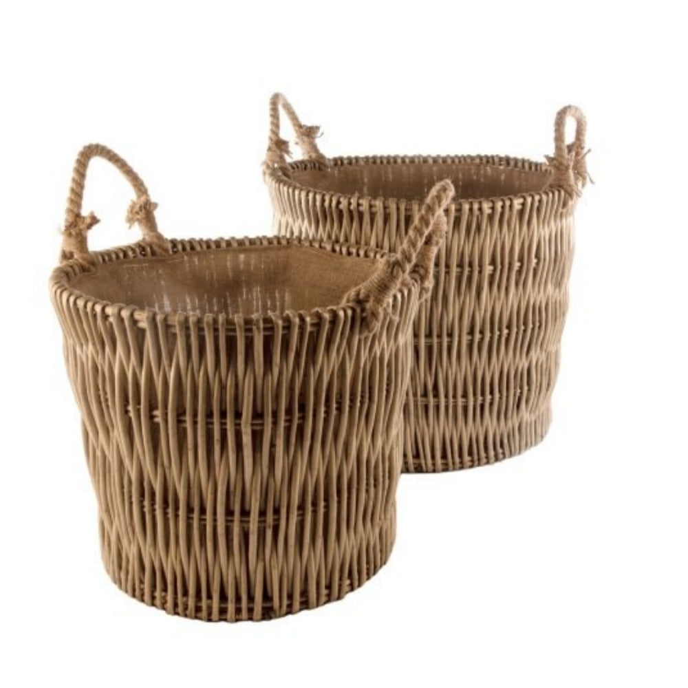 Set of 2 Vertical Weave Hessian Lined Wicker Log Basket-0