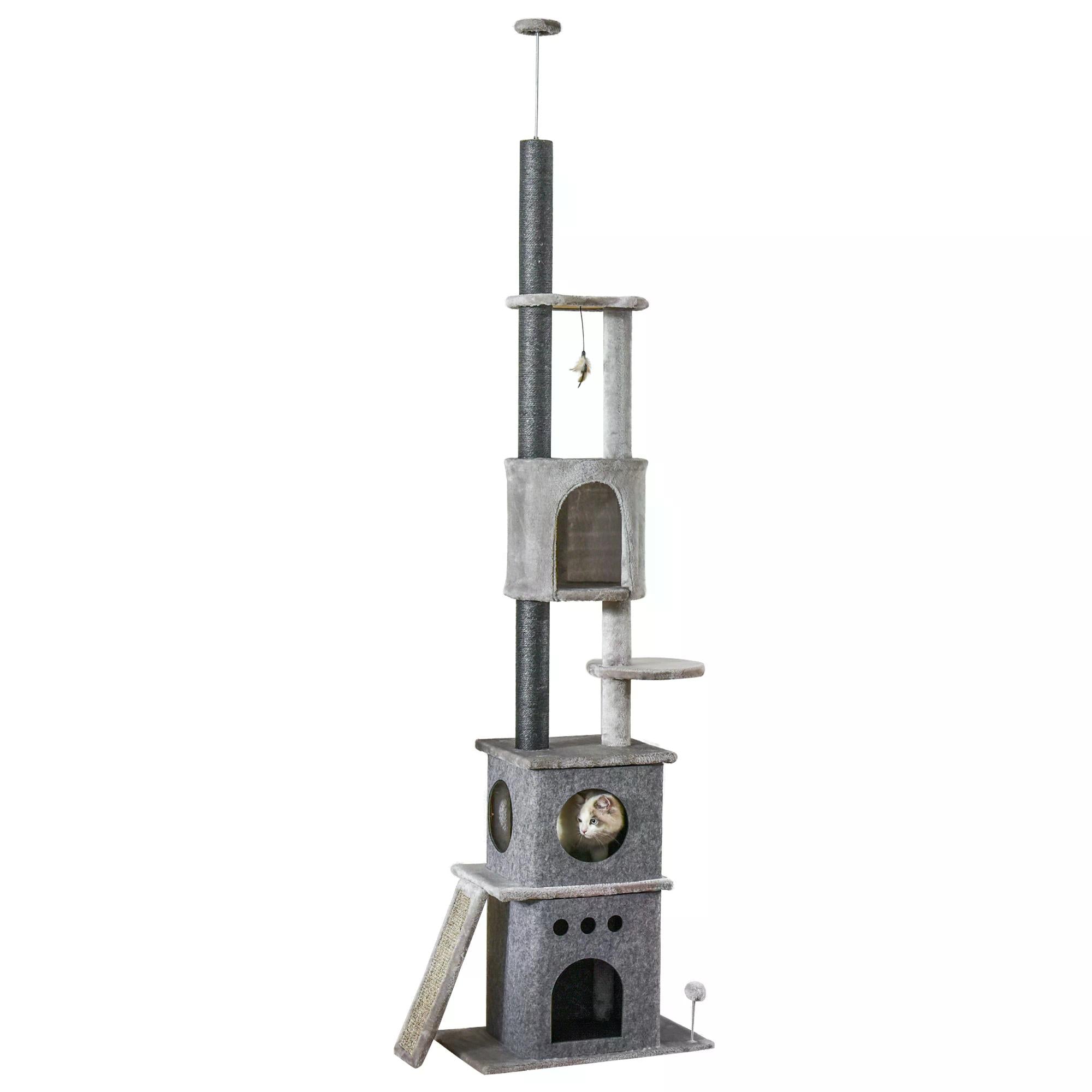 255cm Cat Climbing Tree Adjustable Kitty Activity Center Floor-to-Ceiling Cat Climber Toy with Double Condo Play Rest Post Light Grey-0