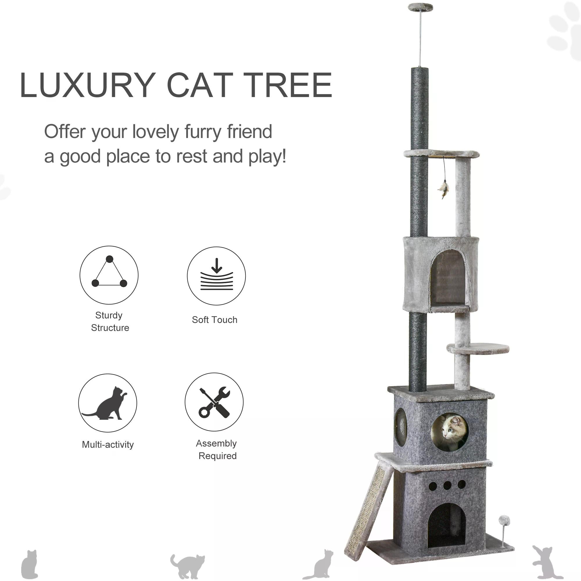 255cm Cat Climbing Tree Adjustable Kitty Activity Center Floor-to-Ceiling Cat Climber Toy with Double Condo Play Rest Post Light Grey-3
