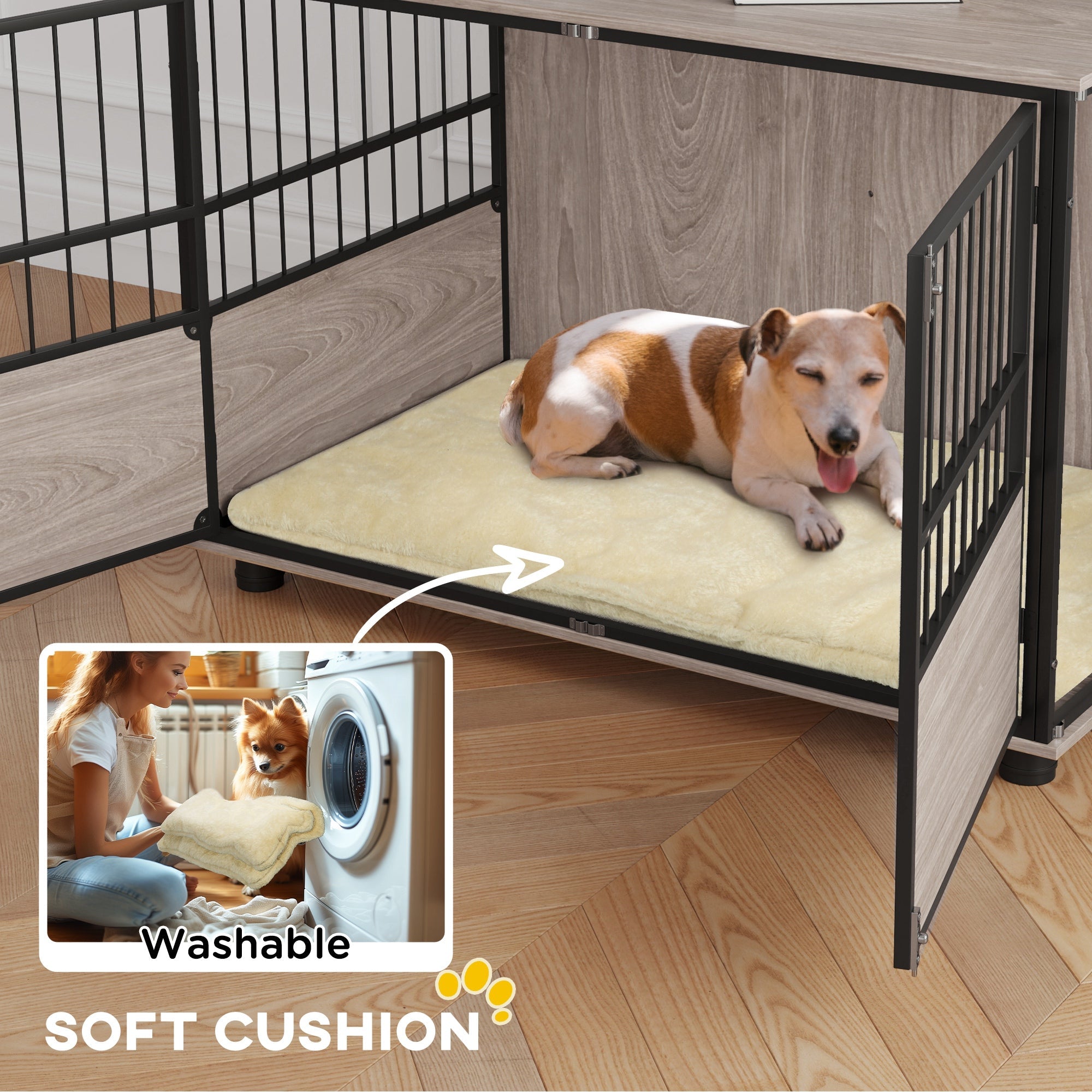 100cm Furniture Style Dog Crate Dog Cage End Table Indoor with 3 Doors Soft Washable Cushion, for Large Sized Dogs-4