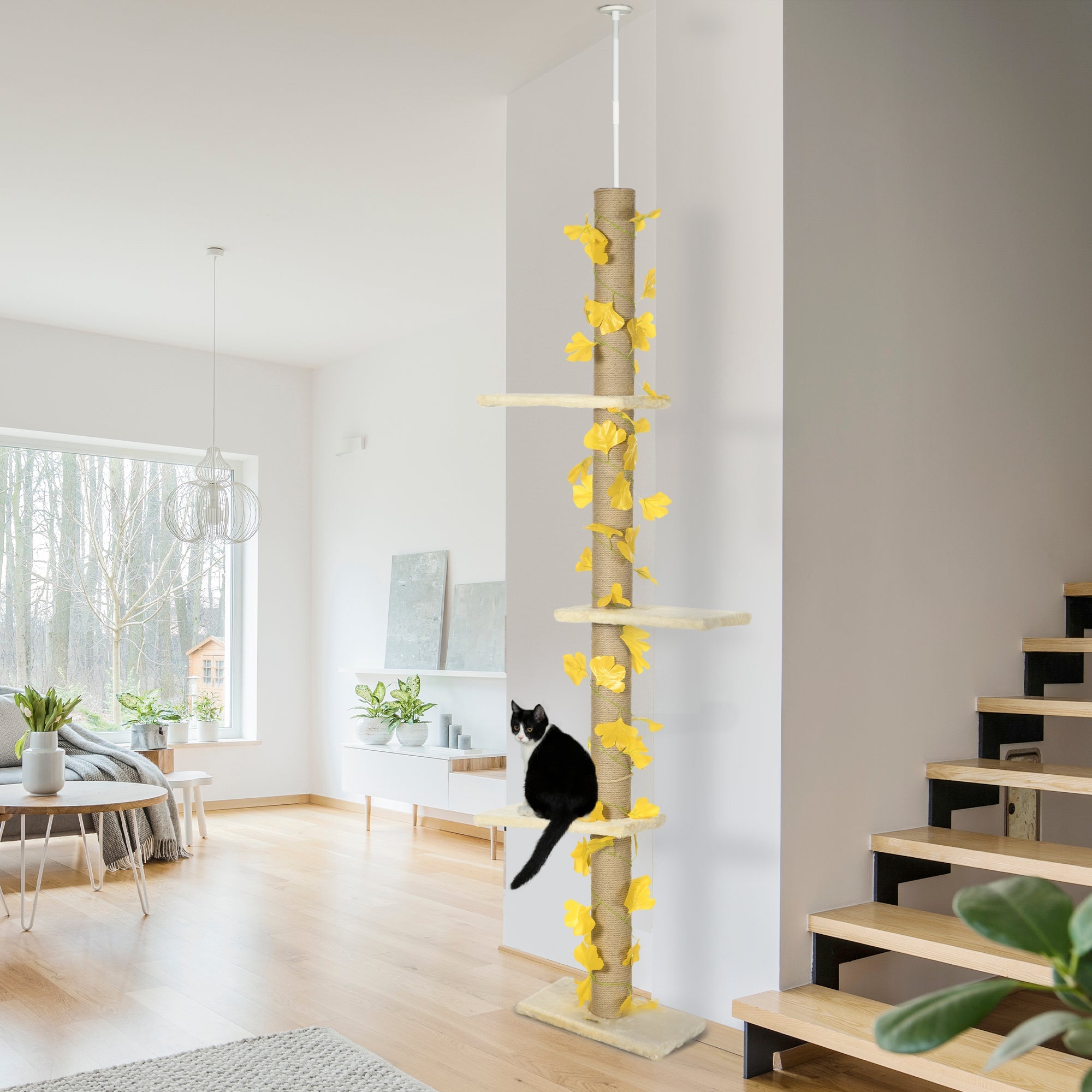 202-242cm Height Adjustable Floor to Ceiling Cat Tree for Cats with Sisal Scratching Post, 3- Tier Cat Tower-1
