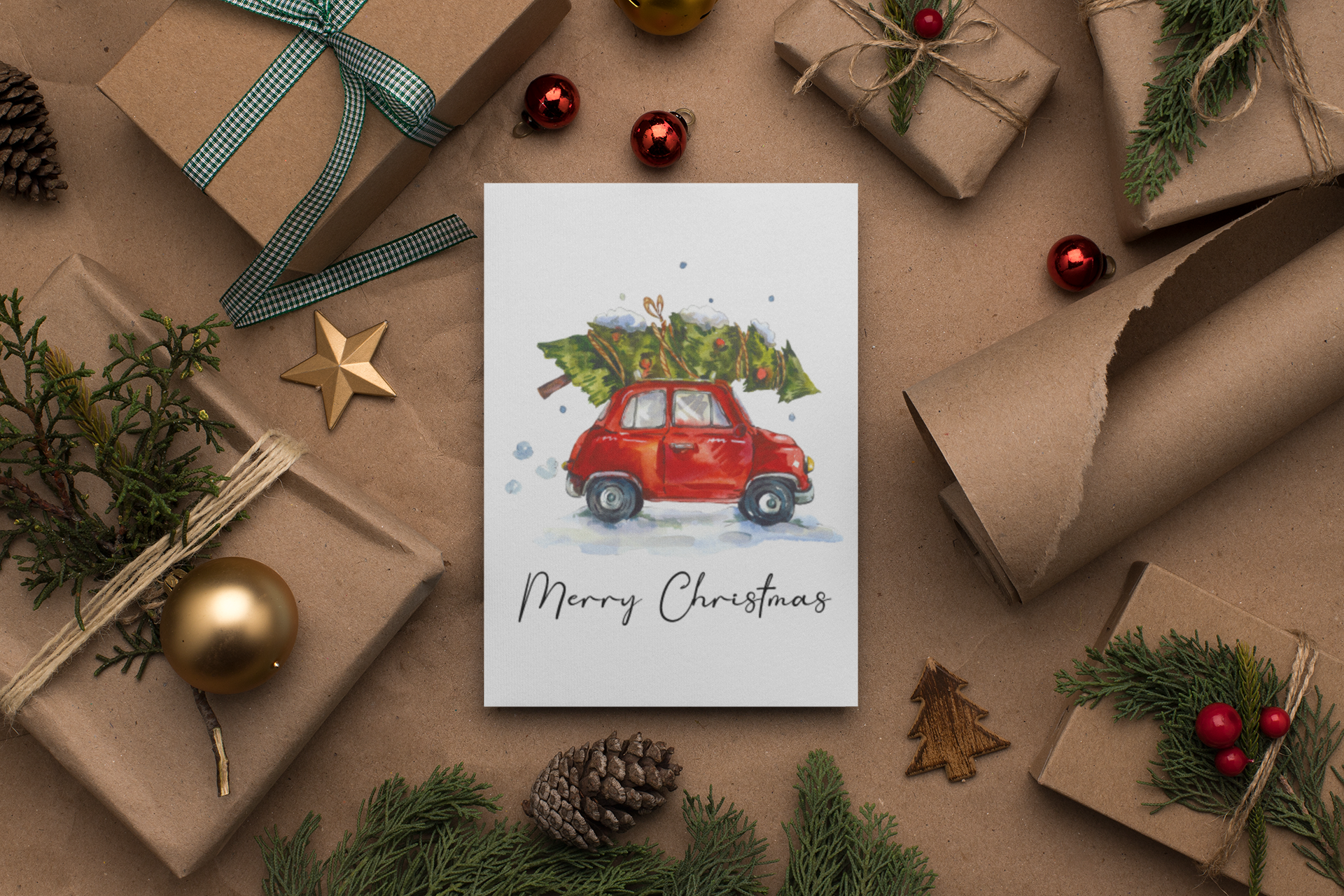 Custom Merry Christmas Tree Car Seasonal Hammered Card & Envelope-1