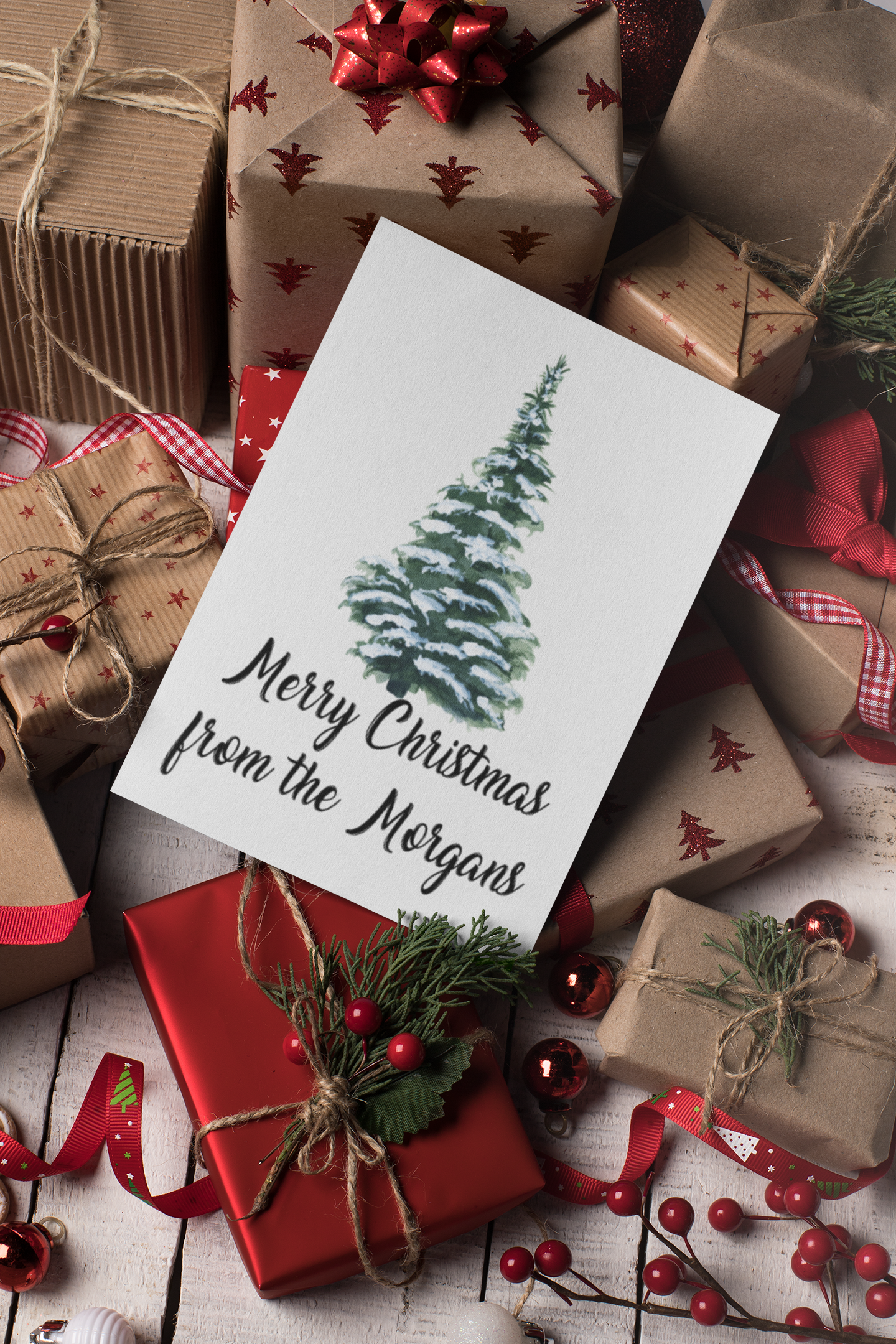 Personalised Merry Christmas From Surname Snowy Tree Seasonal Hammered Card & Envelope-0