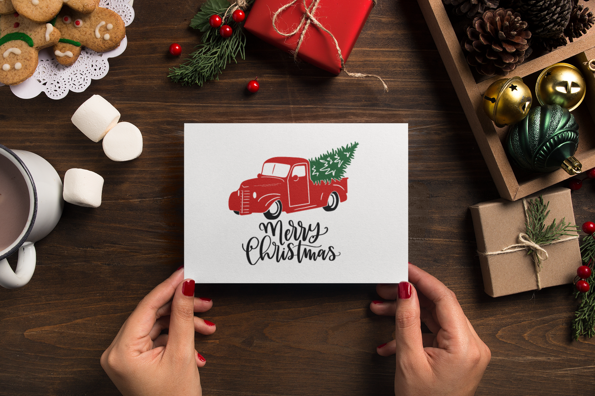 Custom Merry Christmas Tree Red Truck Seasonal Hammered Card & Envelope-0