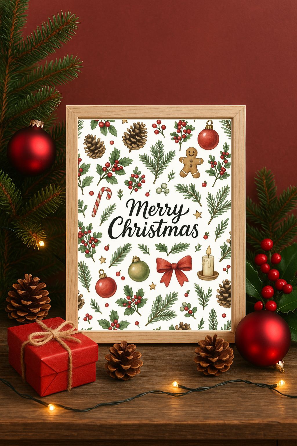 Merry Christmas Wall Art – Festive Ornaments, Pinecones & Holly Holiday Print-0