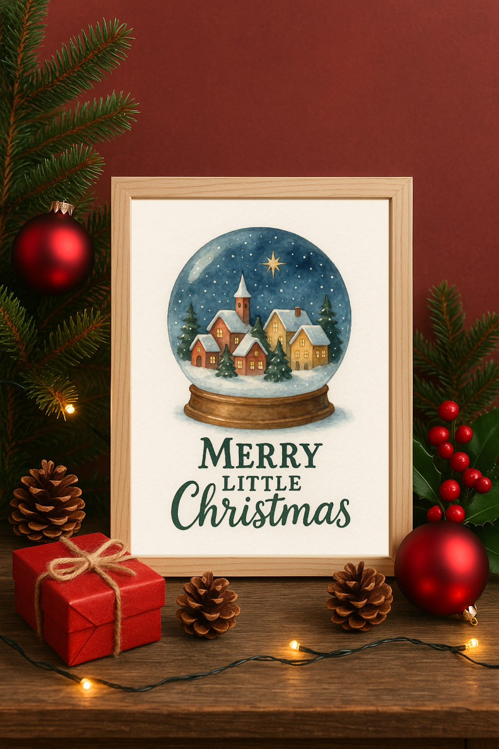 Merry Little Christmas Snow Globe Wall Art – Festive Village Scene Print-0