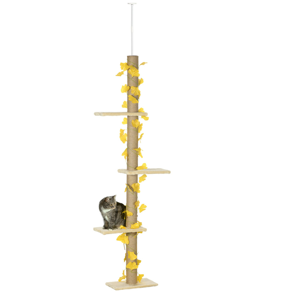202-242cm Height Adjustable Floor to Ceiling Cat Tree for Cats with Sisal Scratching Post, 3- Tier Cat Tower-0