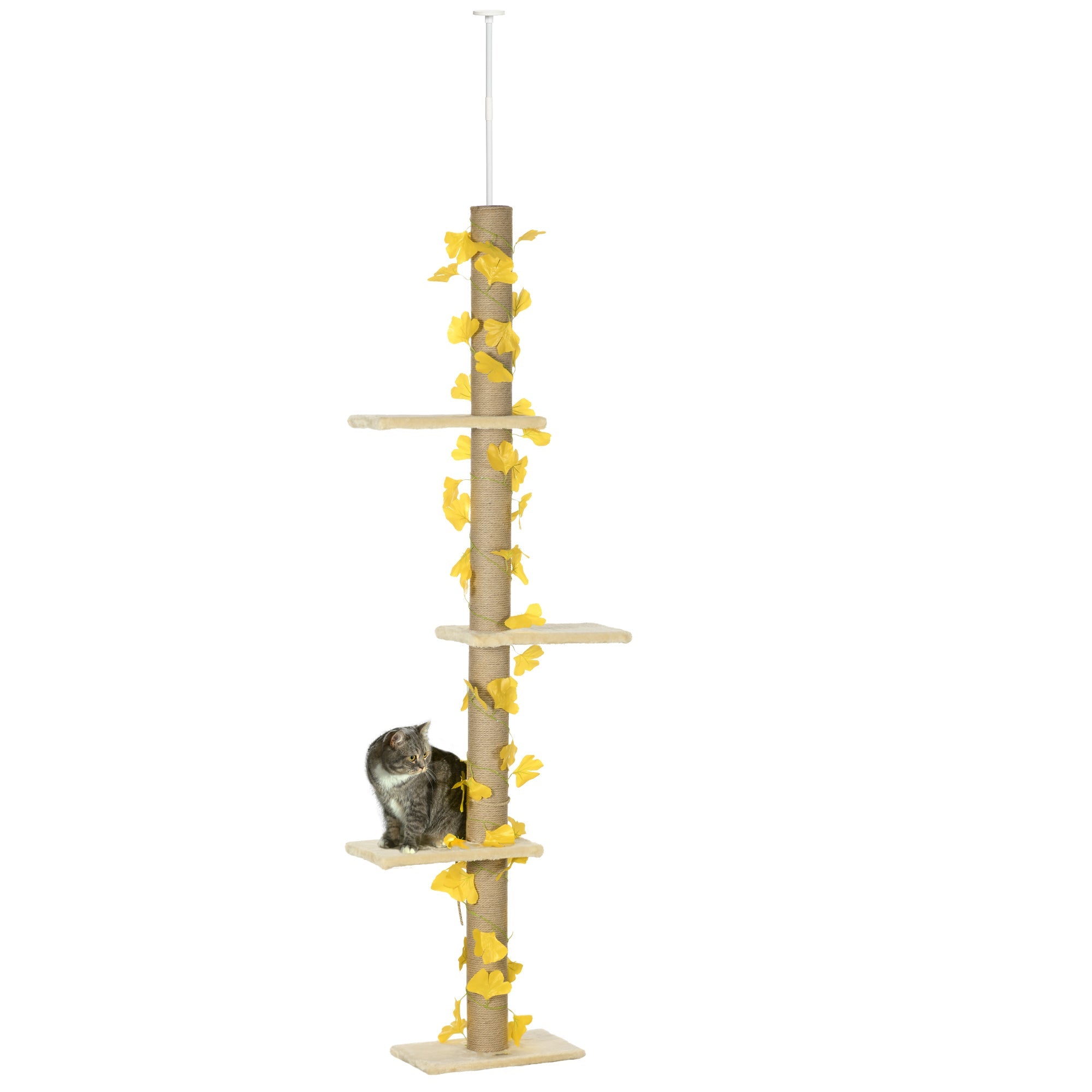 202-242cm Height Adjustable Floor to Ceiling Cat Tree for Cats with Sisal Scratching Post, 3- Tier Cat Tower-0