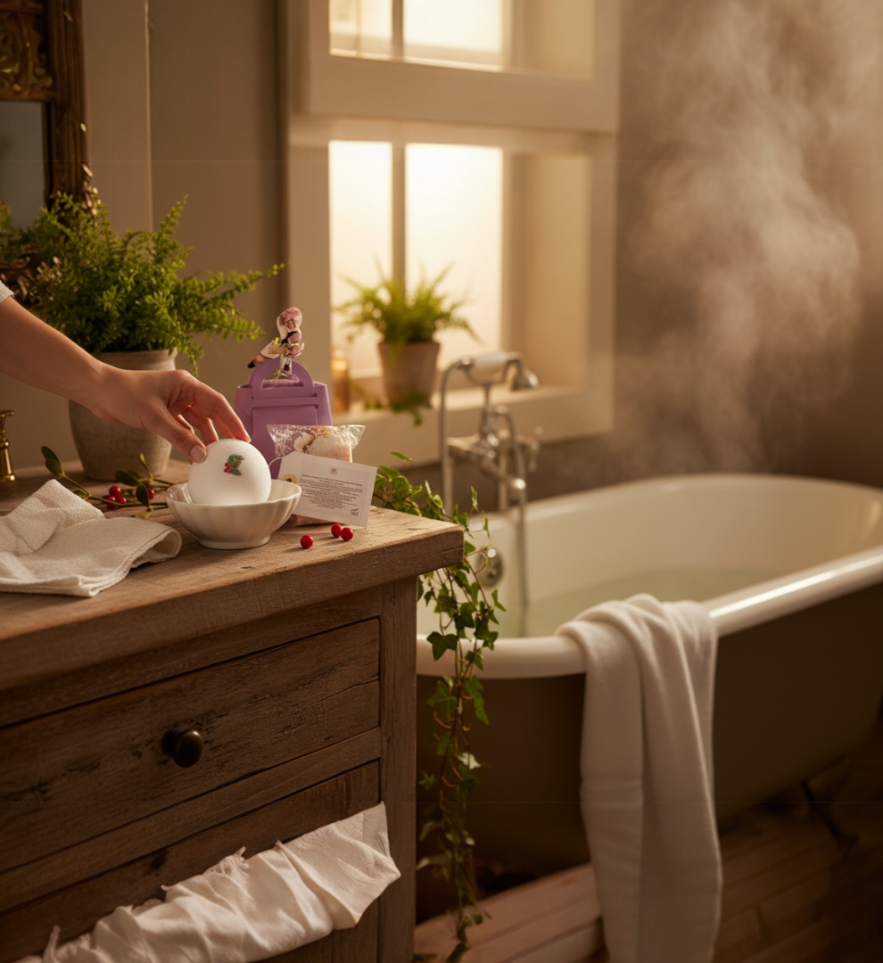 Mistleberry Bath Bomb and Soap in a Lilac Fabric Handbag Gift Bag, Chic Ladies Gift-0