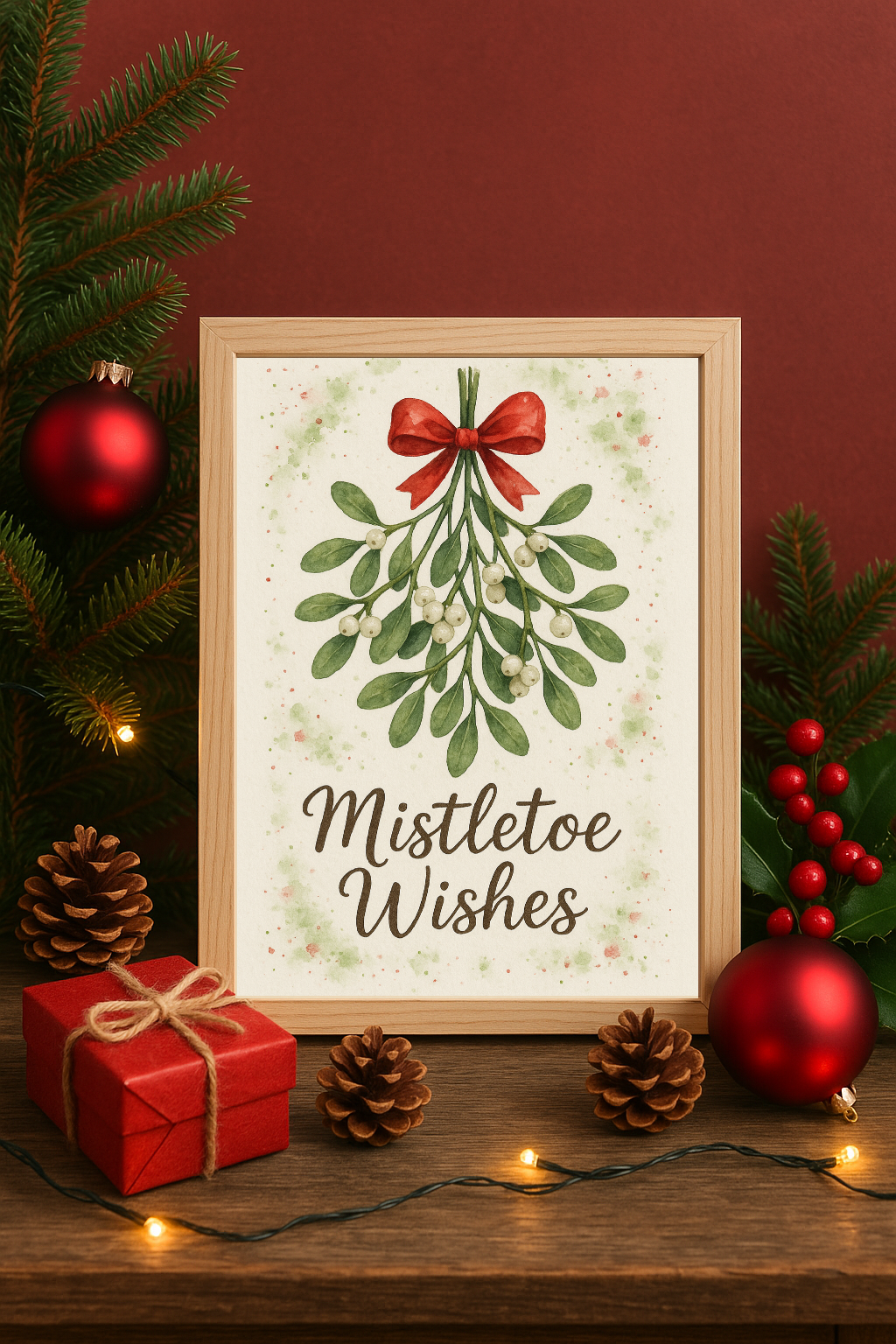 Mistletoe Wishes Wall Art – Festive Greenery with Red Bow Christmas Print-0