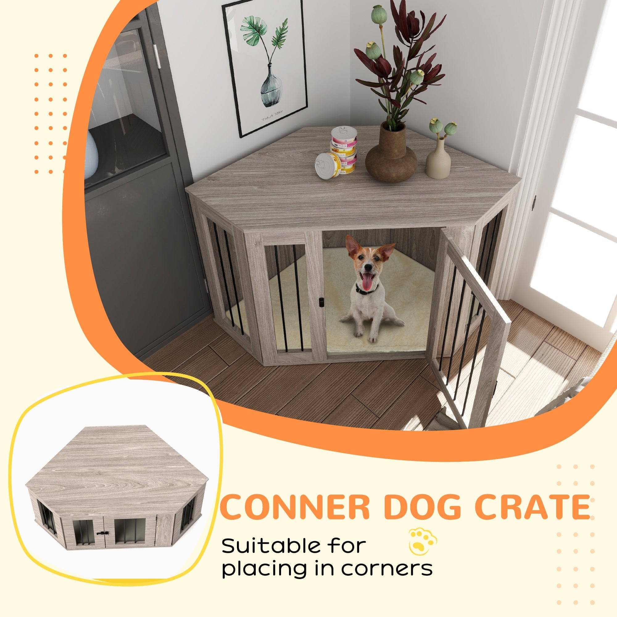 2 in 1 Dog Crate Furniture Side Table, with Cushion, 122 x 61 x 71cm - Walnut Brown-4