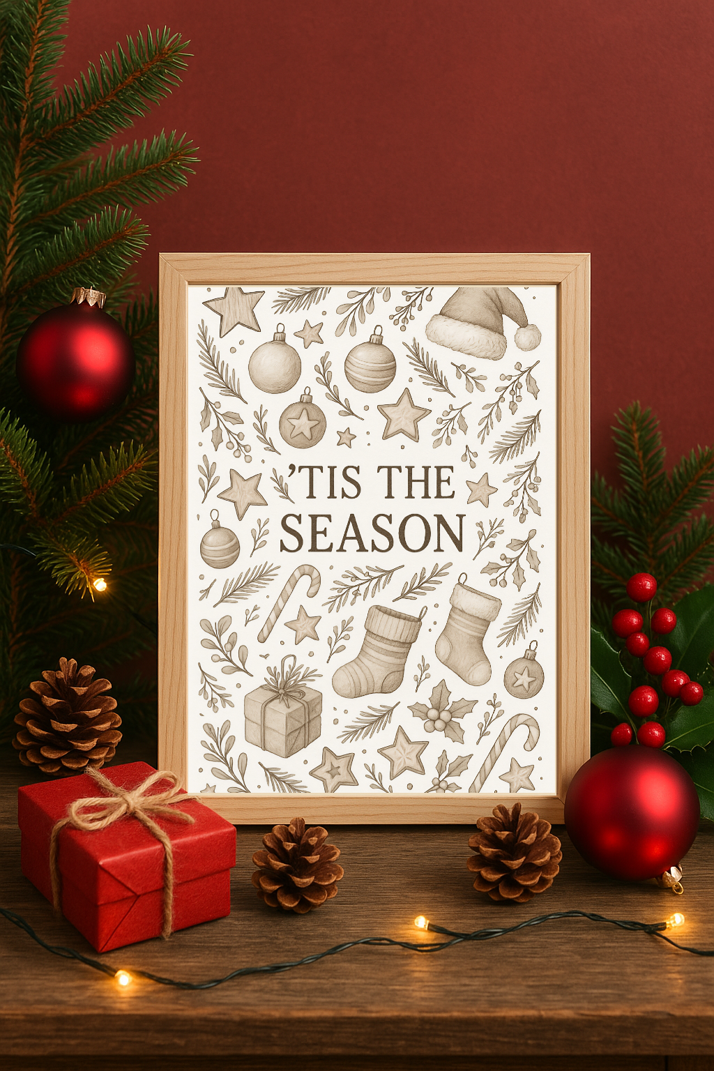 Neutral ’Tis the Season Wall Art – Neutral Christmas Stockings, Gifts & Ornaments Print-0