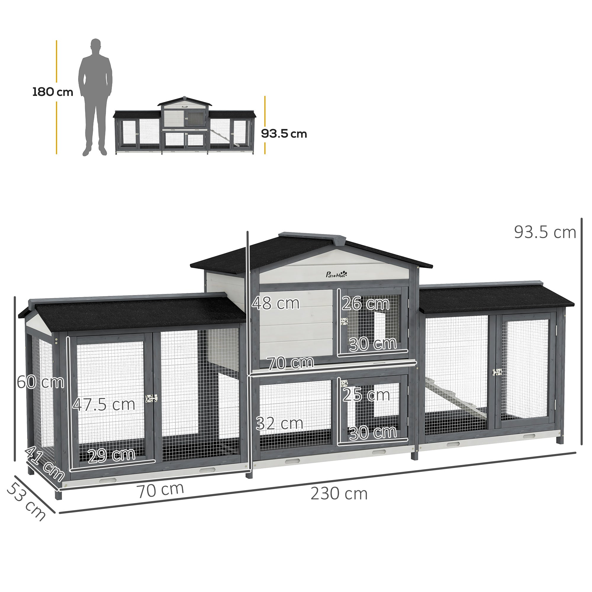 2-Tier Large Rabbit Hutch Outdoor with Double Side Run Boxes, No-leak Plastic Tray, Ramp, 230 x 53 x 93.5cm, Light Grey-2