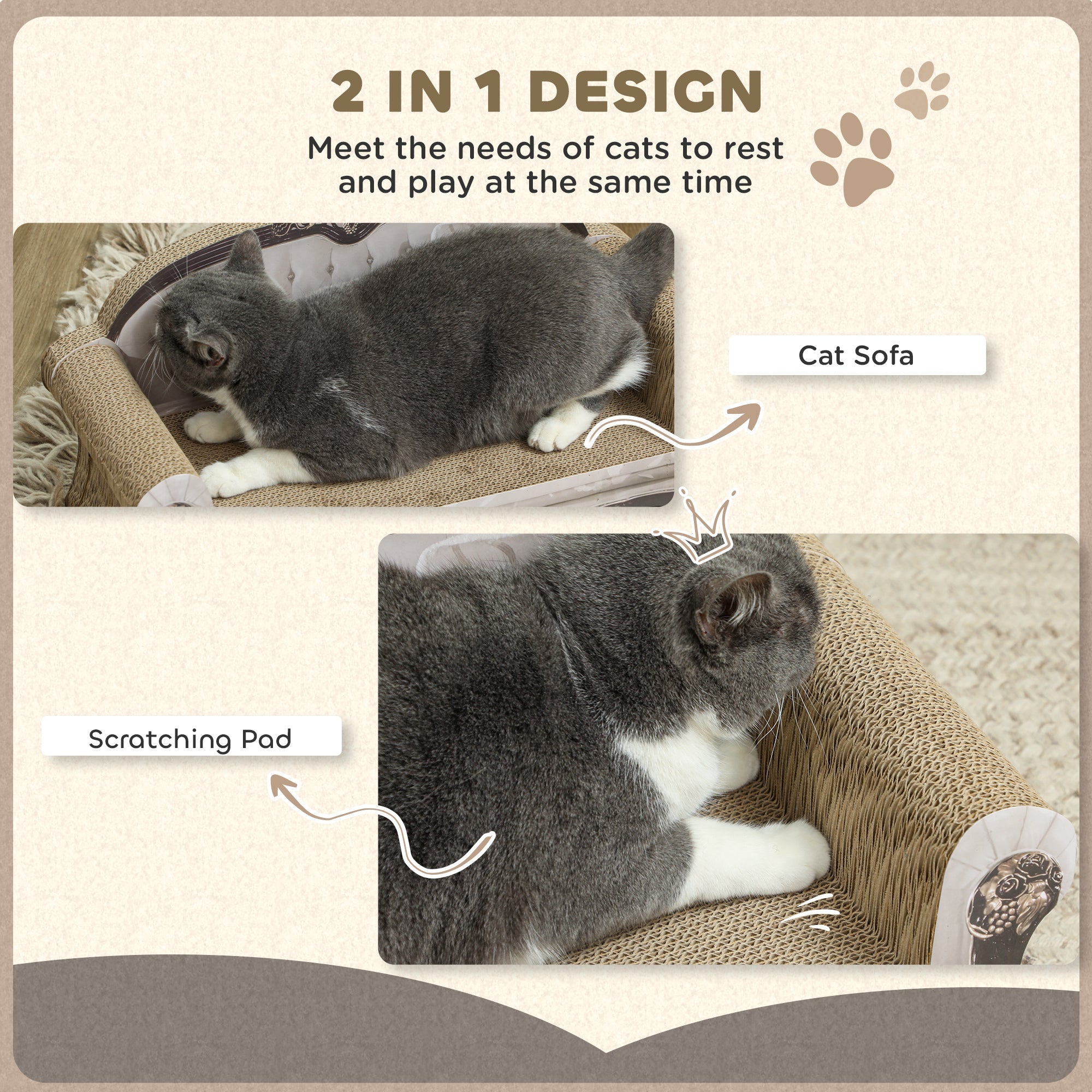 2-in-1 Cat Scratcher with Organic Catnip for Indoor Cats, 29.5 x 56 x 26cm, Brown-3
