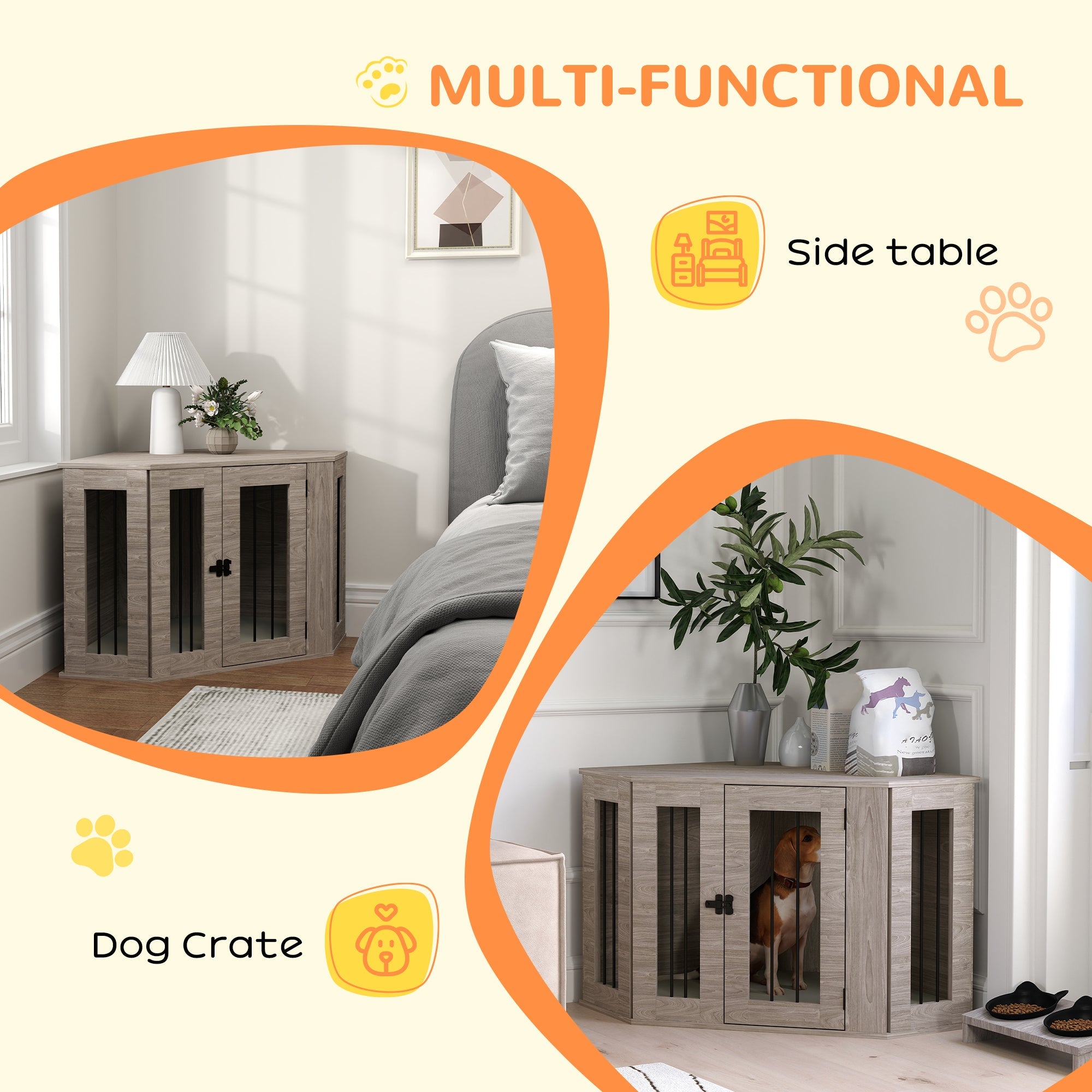 2 in 1 Dog Crate Furniture Side Table, with Cushion, 104 x 55 x 63cm - Walnut Brown-3