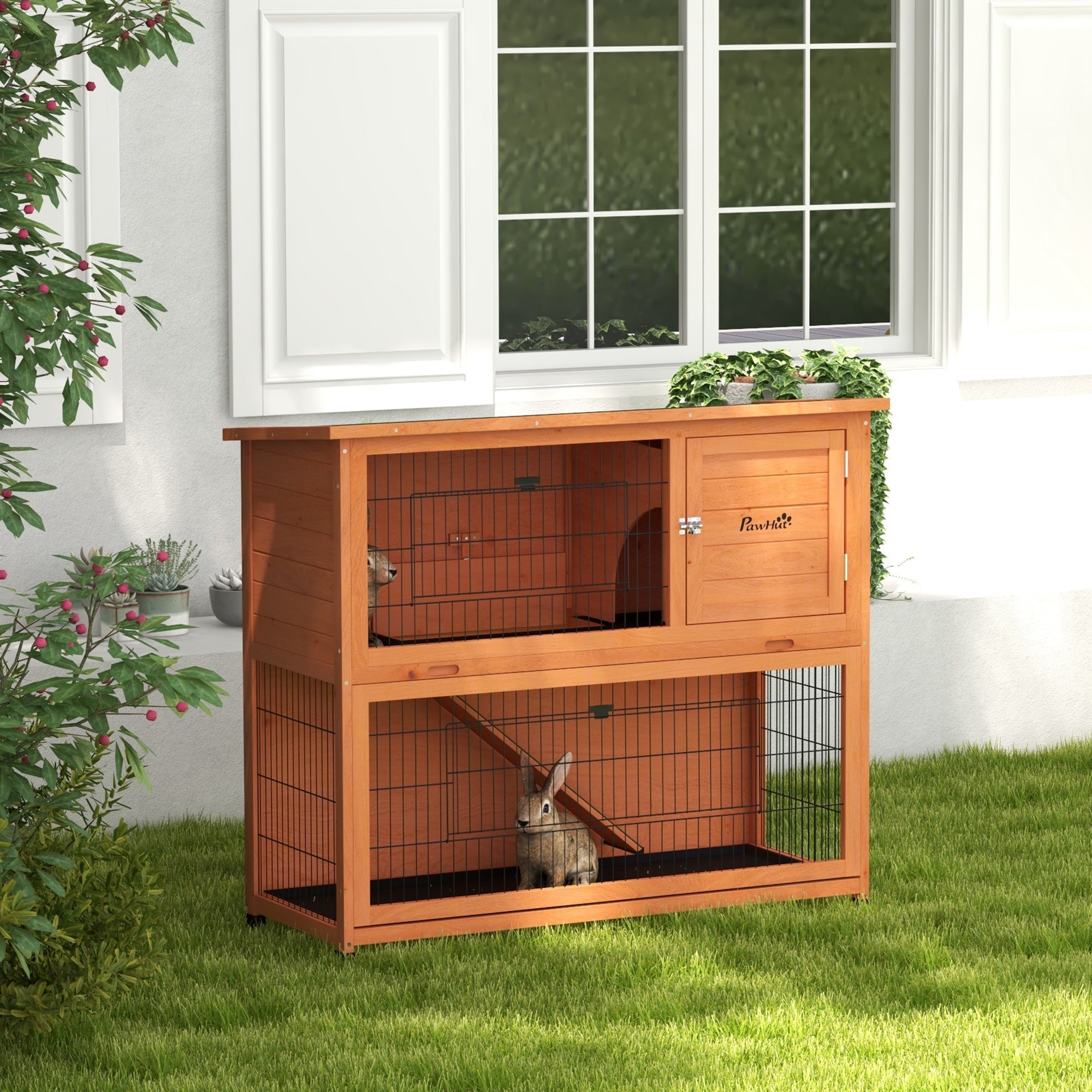 2 Tier Antiseptic Wood Rabbit Hutch with Run Outdoor Orange-1