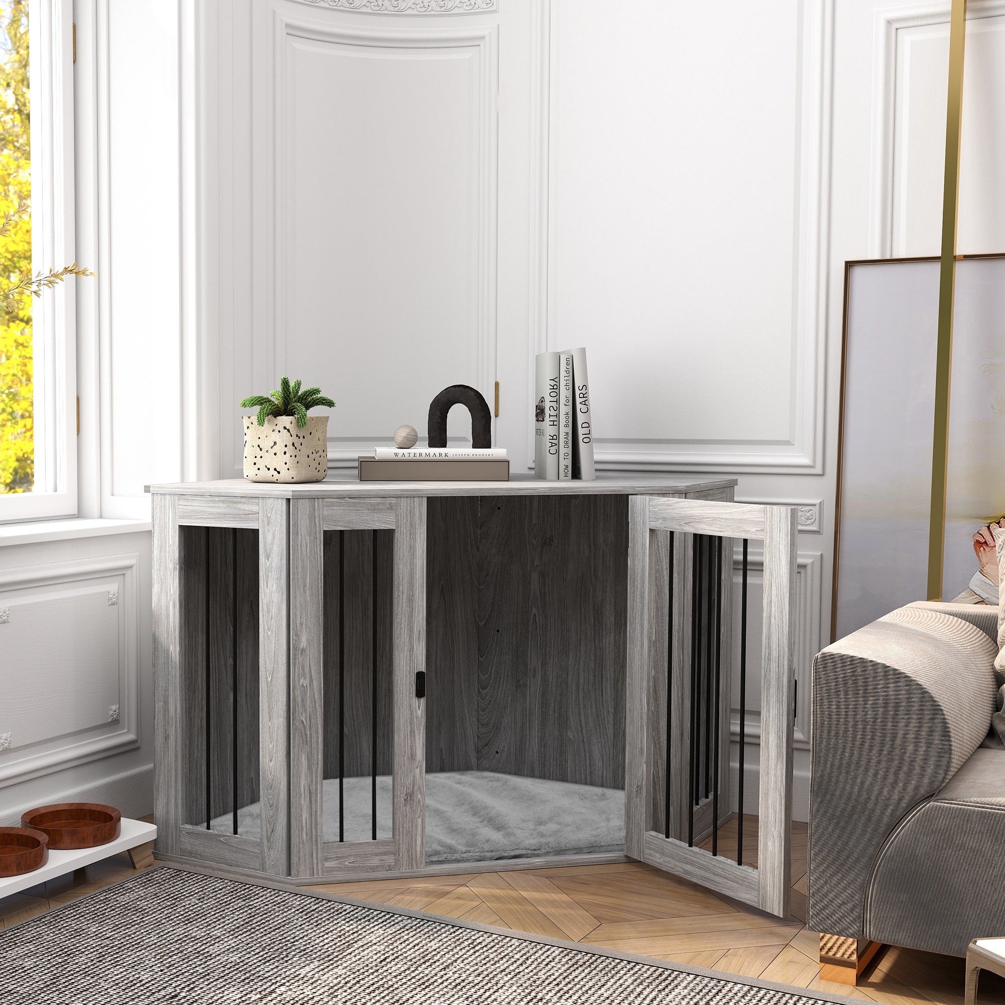 2 in 1 Dog Crate Furniture Side Table, with Cushion, 122 x 61 x 71cm - Grey-1