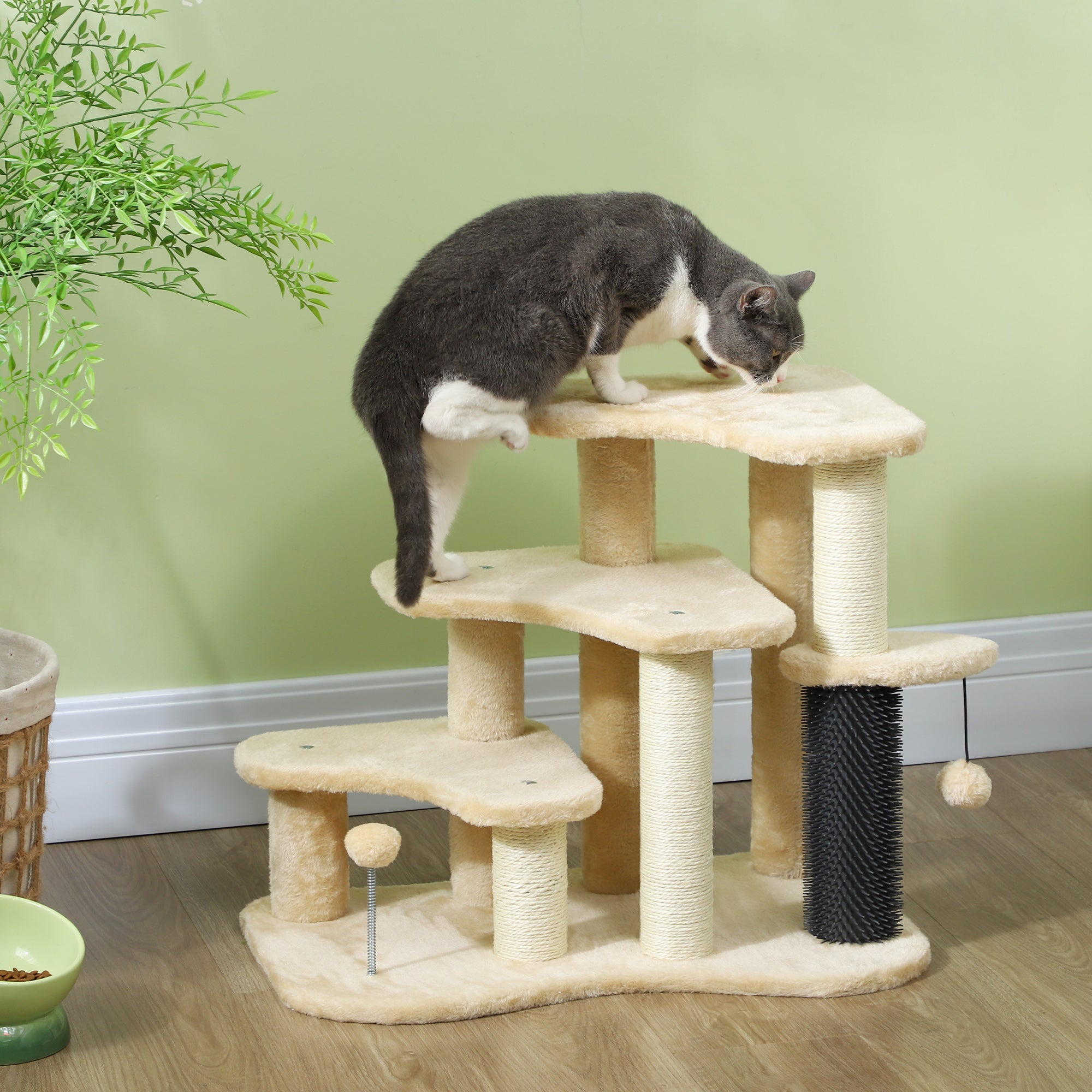 2-in-1 Cat Tree, Pet Stairs with Scratching Tickling Post, Toy Balls, for Bed, Sofa, Couch, Beige-1