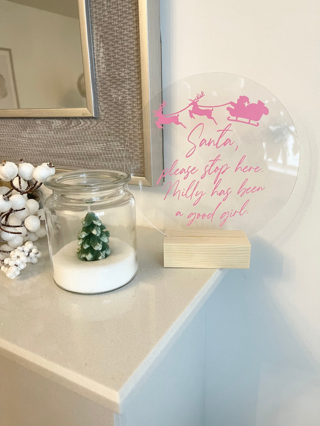 Santa Please Stop Here Custom Name Christmas Acrylic Plaque Sign With Wooden Base-0