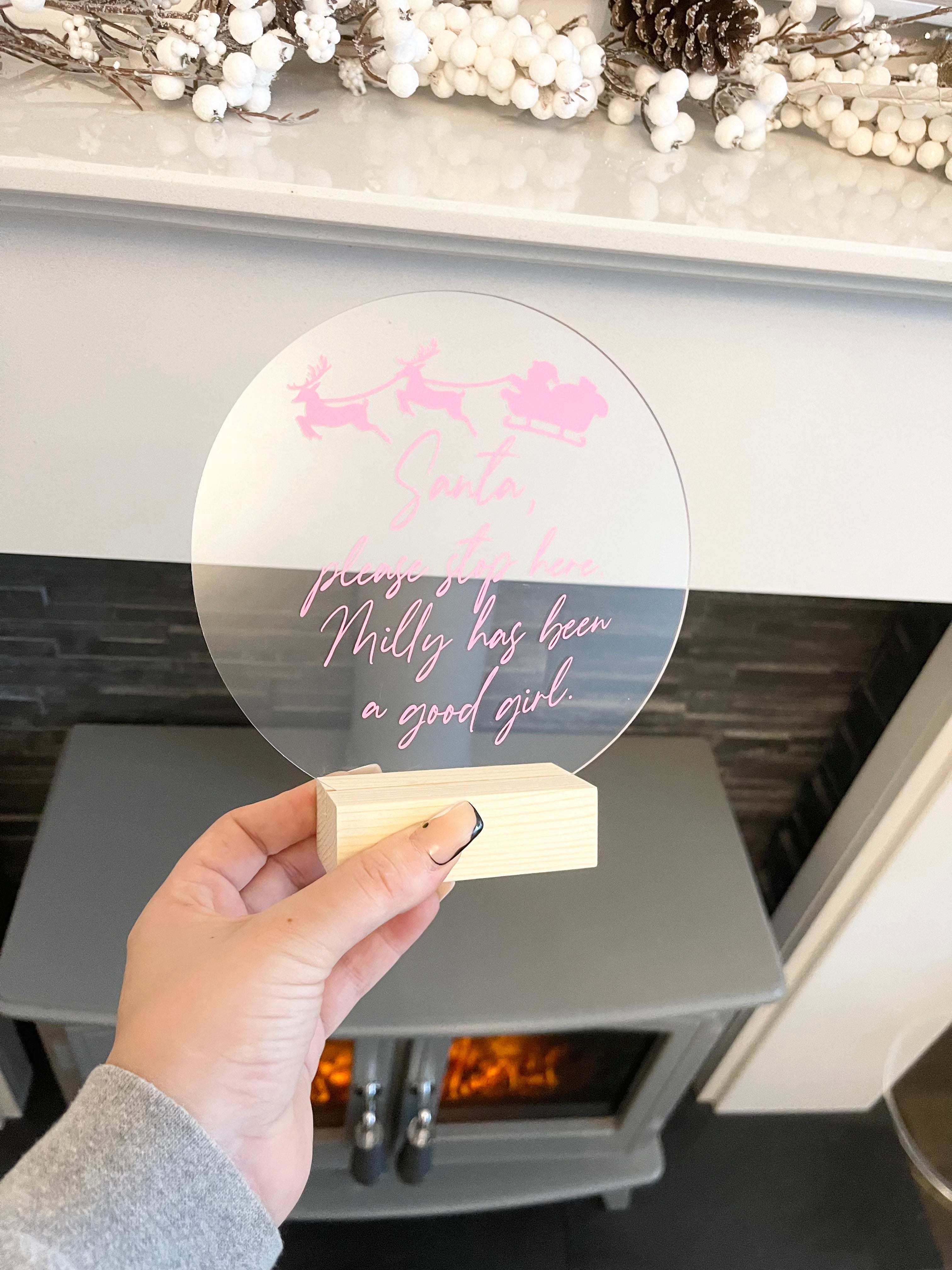 Santa Please Stop Here Custom Name Christmas Acrylic Plaque Sign With Wooden Base-1