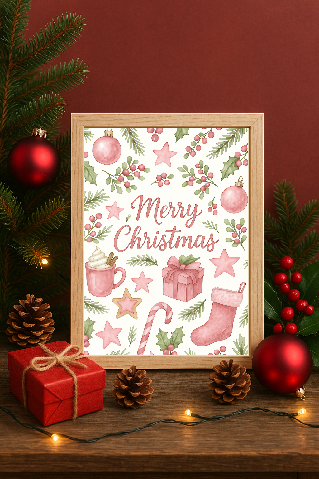 Pink Merry Christmas Wall Art – Pink Festive Ornaments, Stocking & Gift Print-0