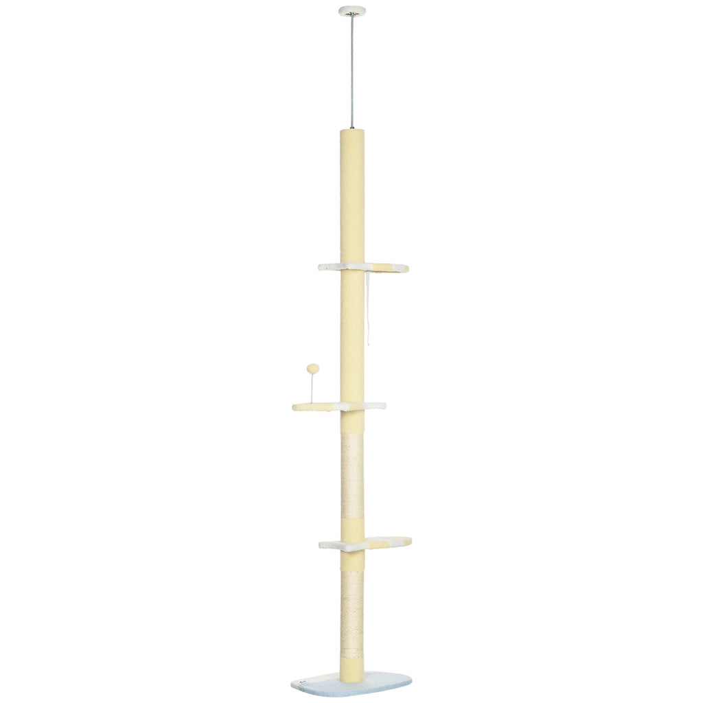 260cm Cat Tower Cat Tree, Floor to Ceiling, Height Adjustable with Anti-slip Kit and Fish-shaped Scratching Post Ball, Yellow-0