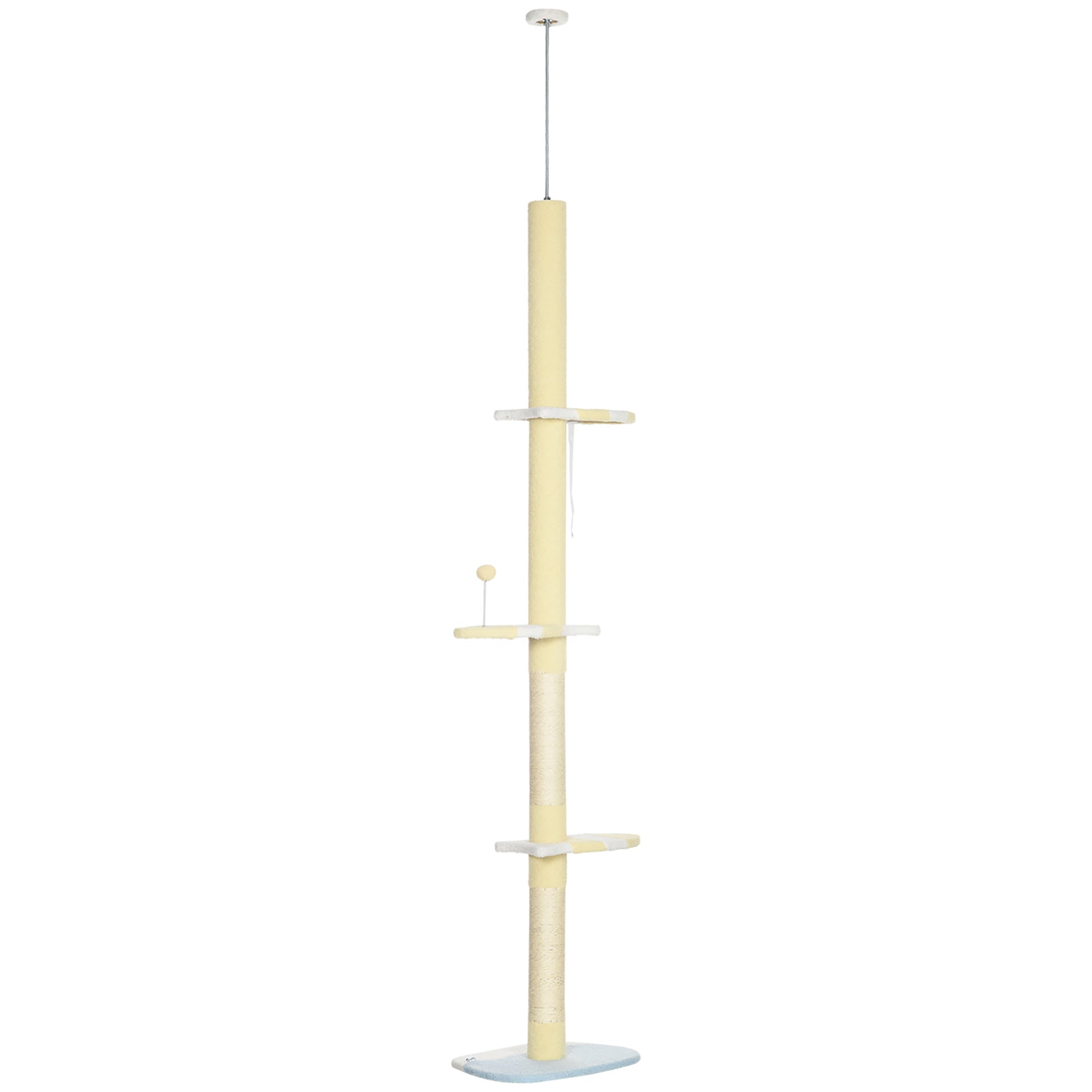 260cm Cat Tower Cat Tree, Floor to Ceiling, Height Adjustable with Anti-slip Kit and Fish-shaped Scratching Post Ball, Yellow-0