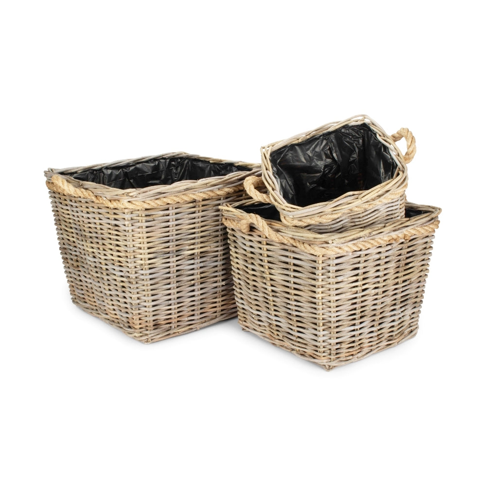 Square Tapered Rope Handled Rattan Planter With Plastic Lining-0