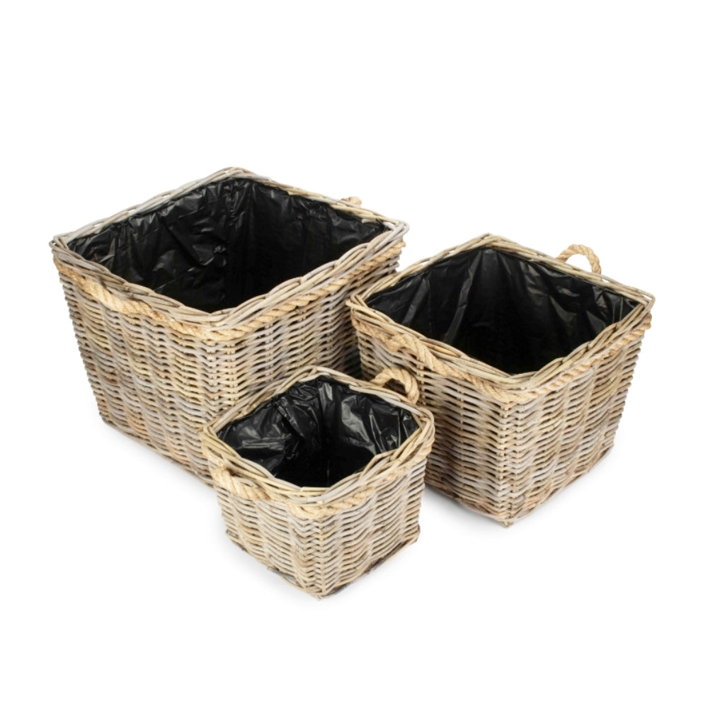 Square Tapered Rope Handled Rattan Planter With Plastic Lining-1