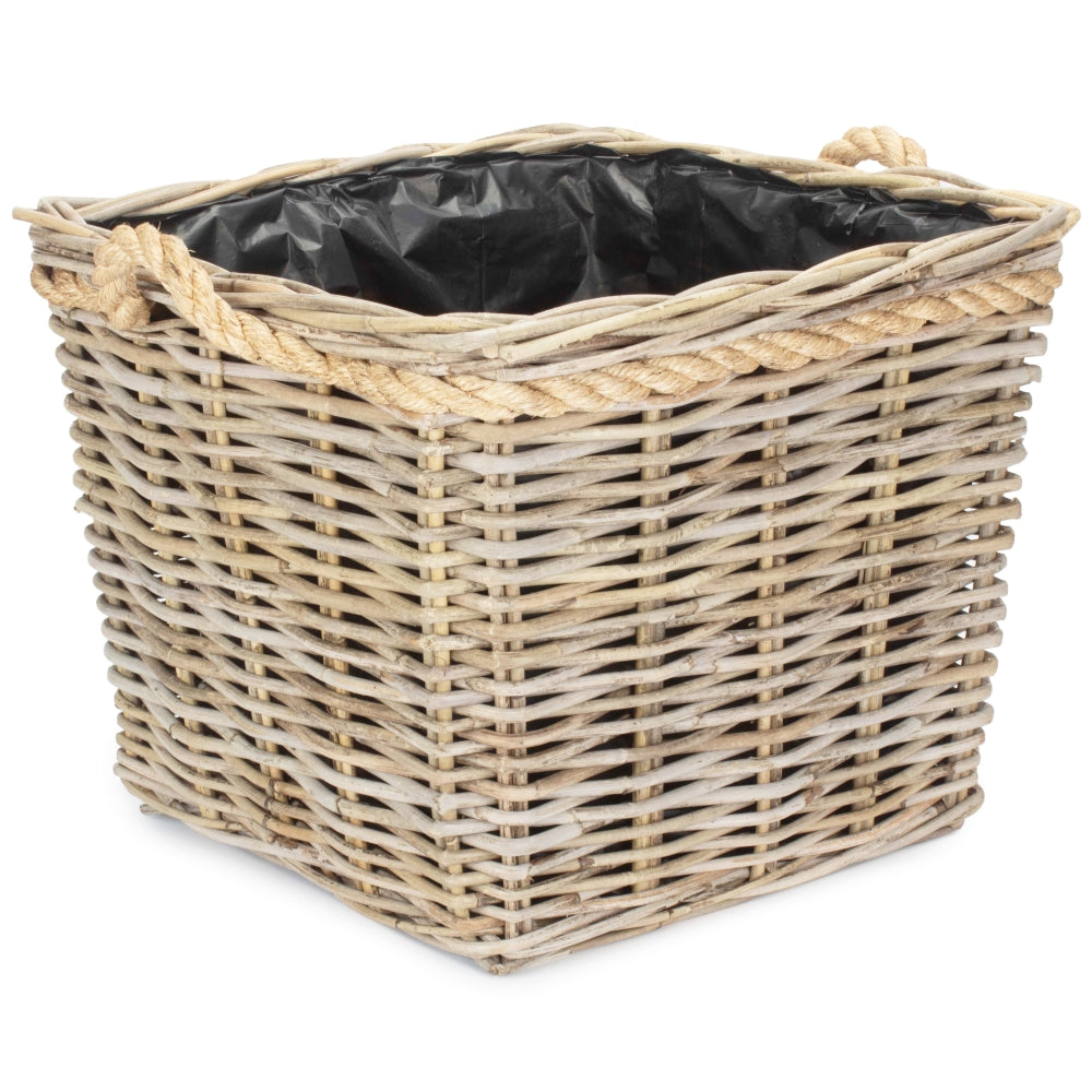 Square Tapered Rope Handled Rattan Planter With Plastic Lining-4