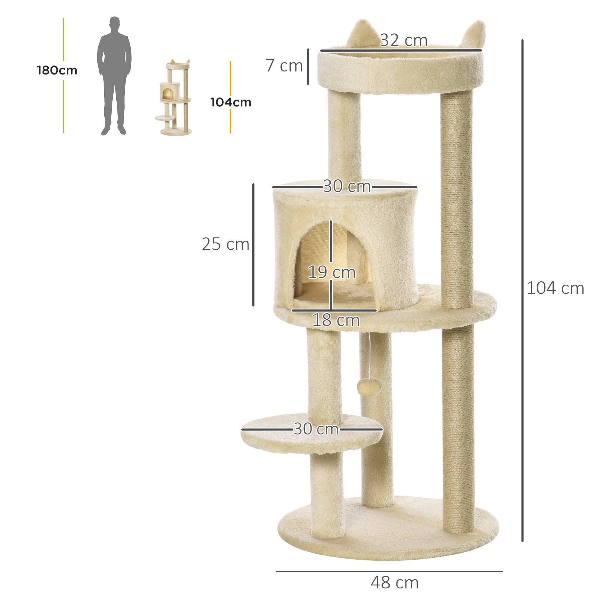 104 cm Cat Tree, Cat Condo Tree Tower, Cat Activity Centre with Scratching Posts, Plush Perch, Hanging Ball - Cream White-2