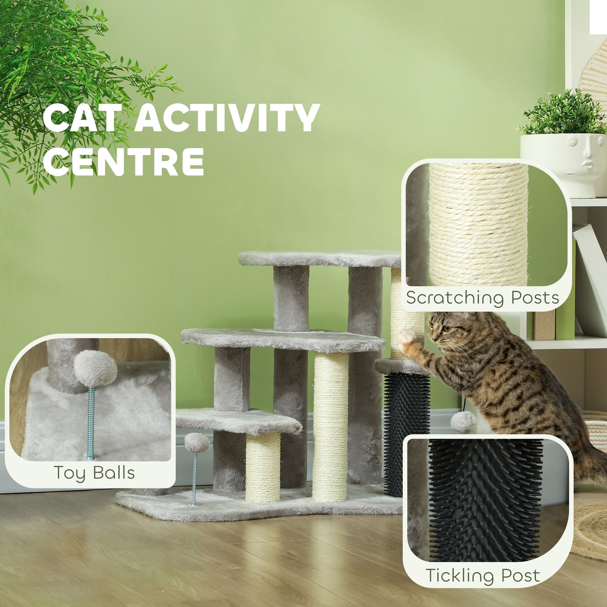 2-in-1 Cat Tree, Pet Stairs w/ Scratching Post, Toy Balls, for Bed, Sofa, Couch, Light Grey-4