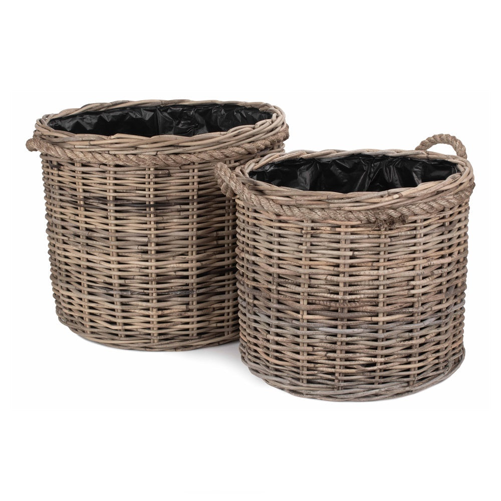 Rope Handled Rattan Round Planter with Plastic Lining-0