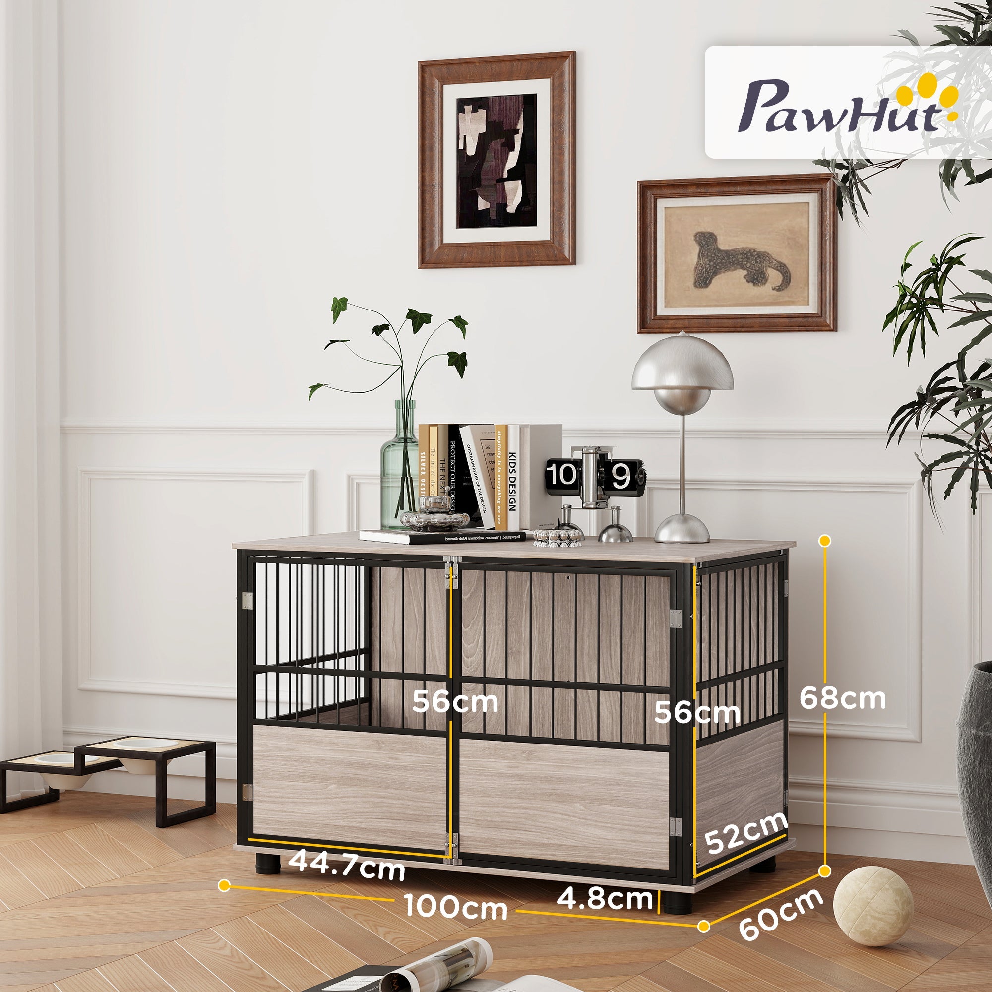 100cm Furniture Style Dog Crate Dog Cage End Table Indoor with 3 Doors Soft Washable Cushion, for Large Sized Dogs-2