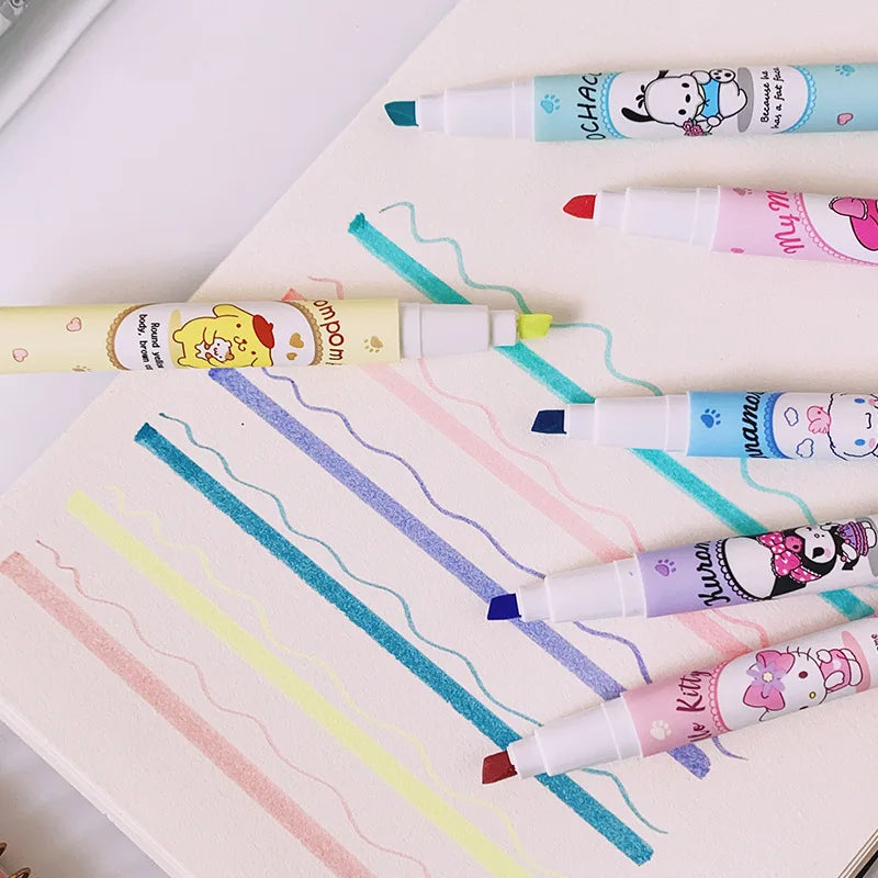 6Pcs Sanrio Hello Kitty Highlighter Pen Set Kawaii Kuromi Melody Cinnamoroll Art Fluorescent Markers Pens School Office Statione-2