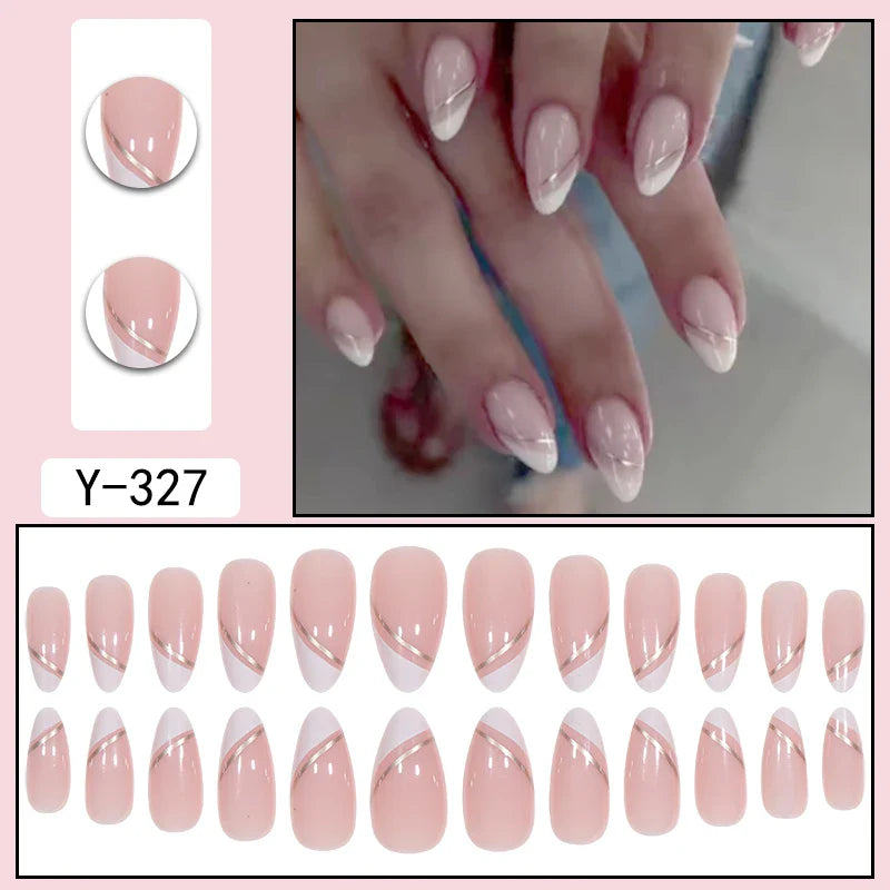 24PCS/1BOX Droplet shaped Double layered French Dress Sweet Nail Patch Bright Light Color Fake Nail-3