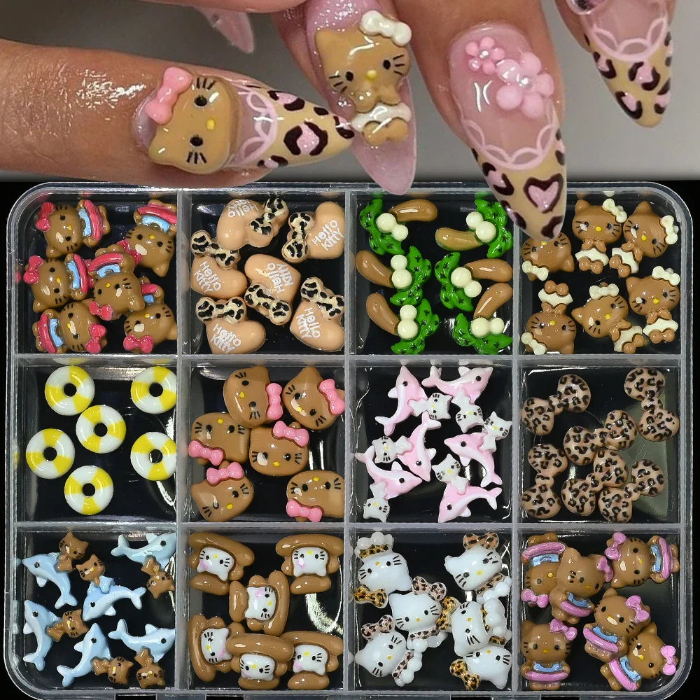 12Grid 3D Mixed Strawberry Hello Kitty Nail Charms Cartoon Red Pink Dress Kitty Cat Rhinestones Kawaii DIY Nail Art Decoration-20