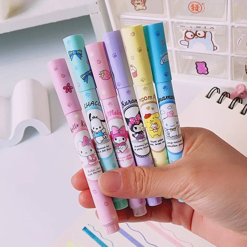 6Pcs Sanrio Hello Kitty Highlighter Pen Set Kawaii Kuromi Melody Cinnamoroll Art Fluorescent Markers Pens School Office Statione-3