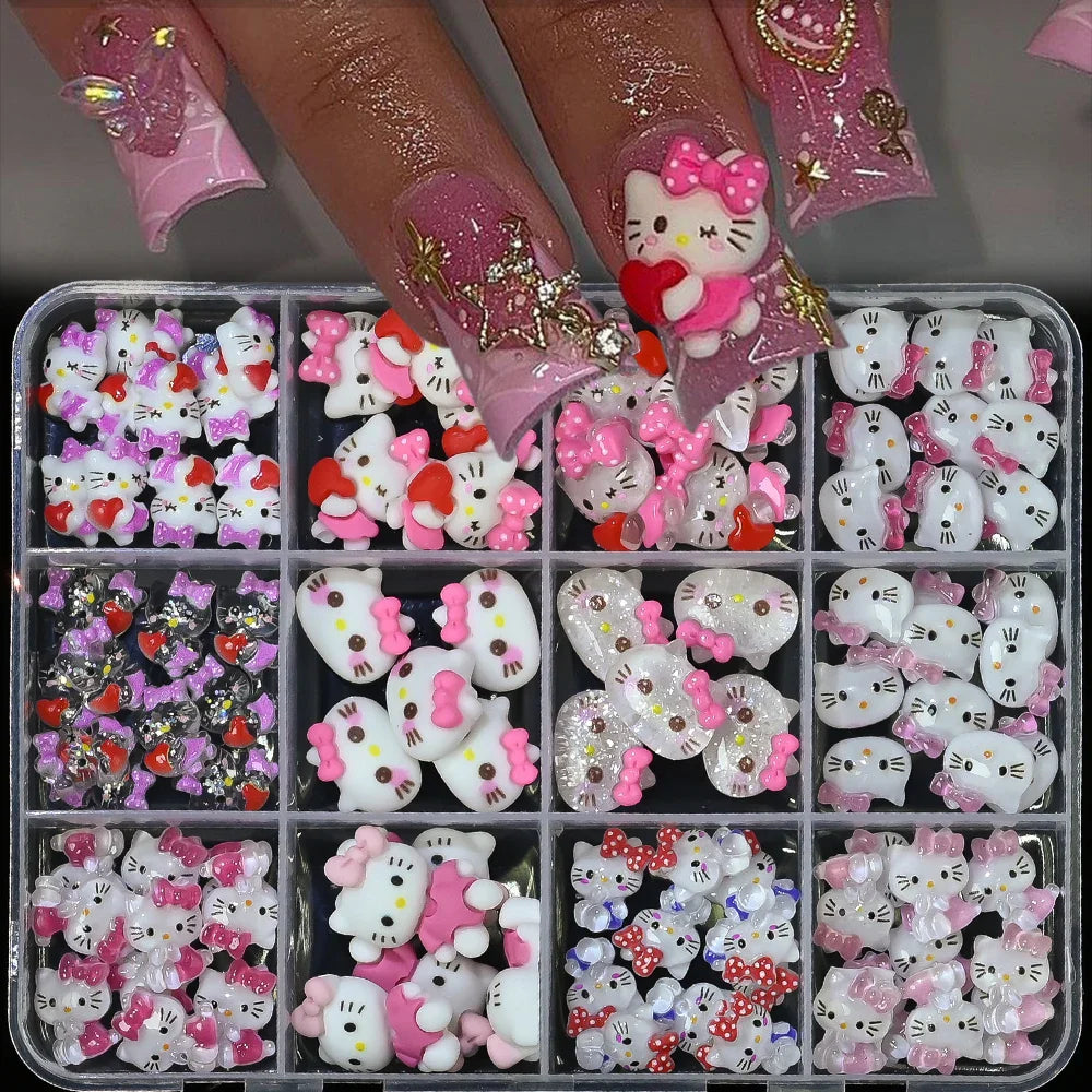 12Grid 3D Mixed Strawberry Hello Kitty Nail Charms Cartoon Red Pink Dress Kitty Cat Rhinestones Kawaii DIY Nail Art Decoration-23