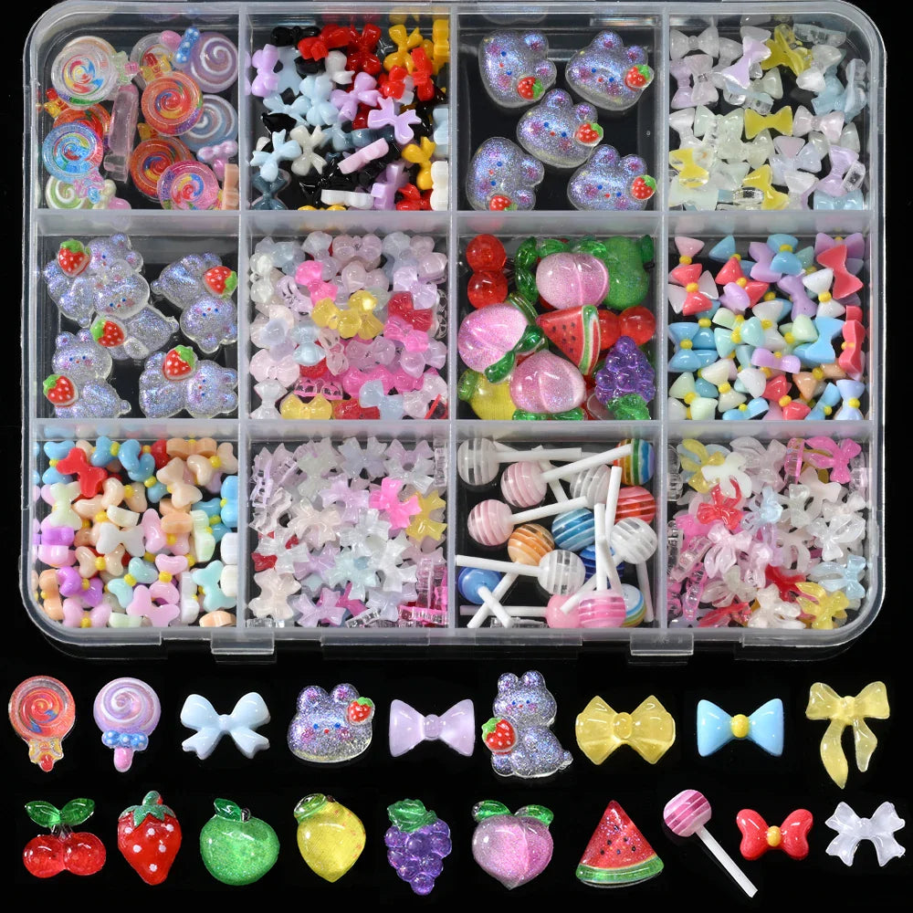 12Grid 3D Mixed Strawberry Hello Kitty Nail Charms Cartoon Red Pink Dress Kitty Cat Rhinestones Kawaii DIY Nail Art Decoration-7