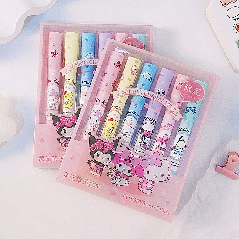 6Pcs Sanrio Hello Kitty Highlighter Pen Set Kawaii Kuromi Melody Cinnamoroll Art Fluorescent Markers Pens School Office Statione-0