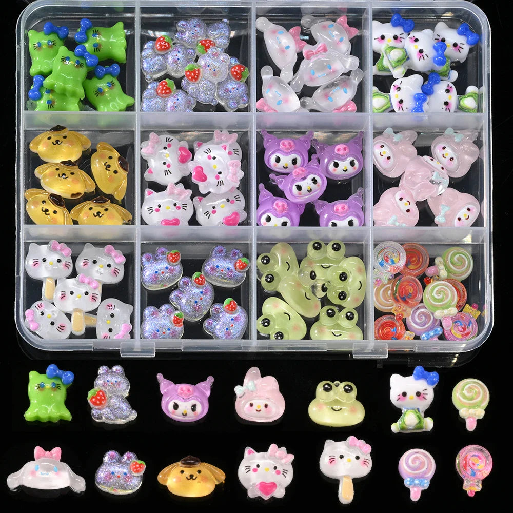 12Grid 3D Mixed Strawberry Hello Kitty Nail Charms Cartoon Red Pink Dress Kitty Cat Rhinestones Kawaii DIY Nail Art Decoration-5