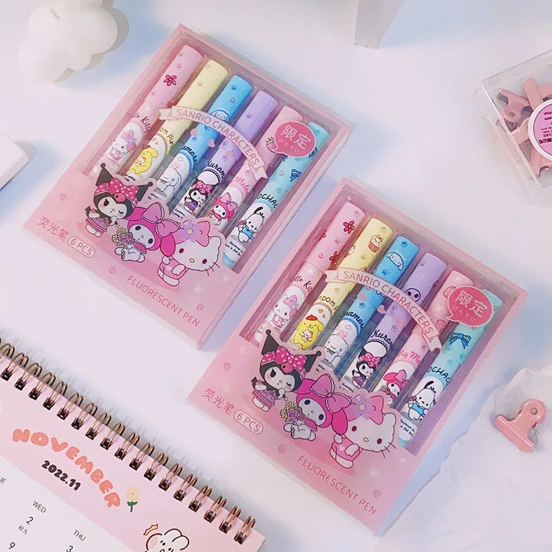 6Pcs Sanrio Hello Kitty Highlighter Pen Set Kawaii Kuromi Melody Cinnamoroll Art Fluorescent Markers Pens School Office Statione-4