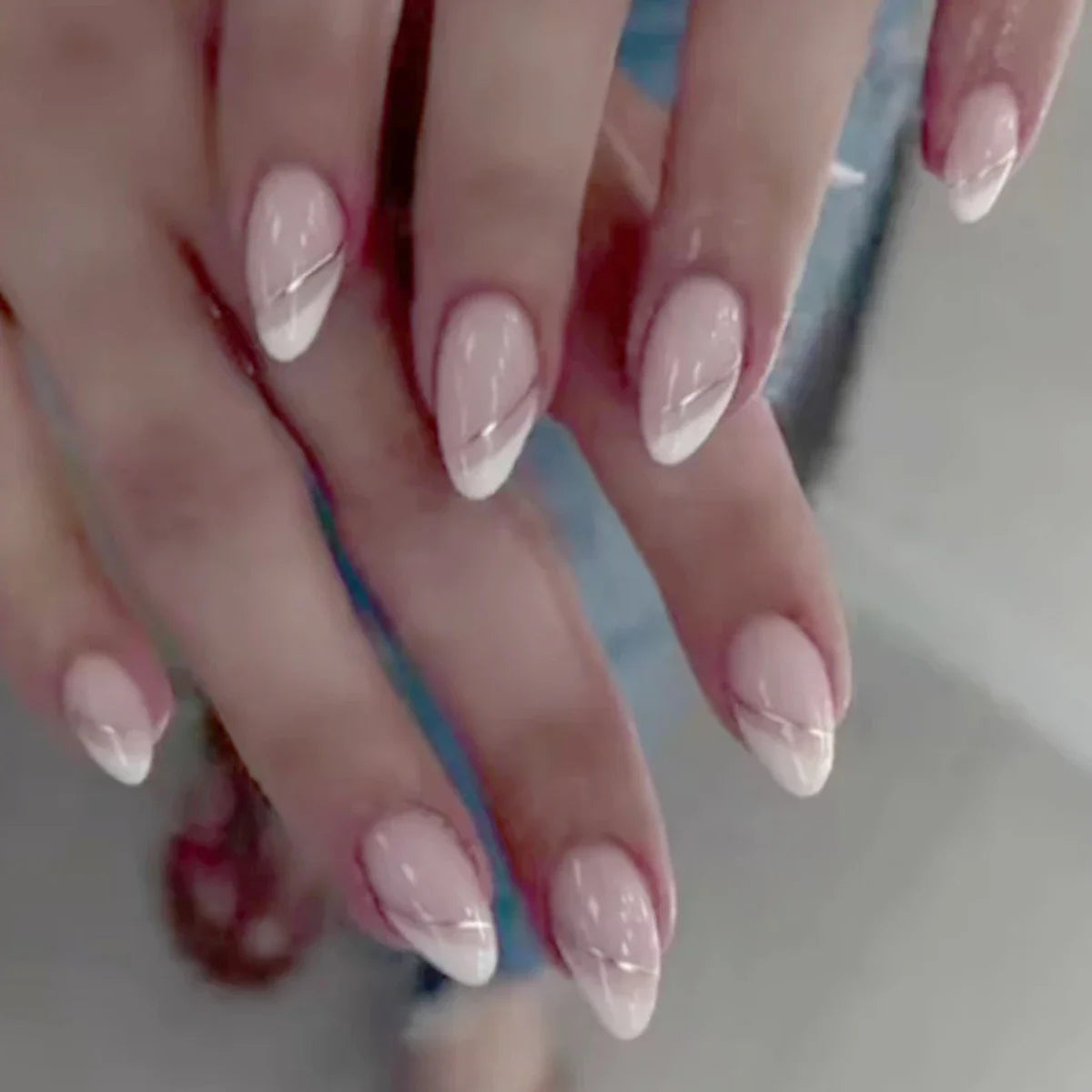 24PCS/1BOX Droplet shaped Double layered French Dress Sweet Nail Patch Bright Light Color Fake Nail-0