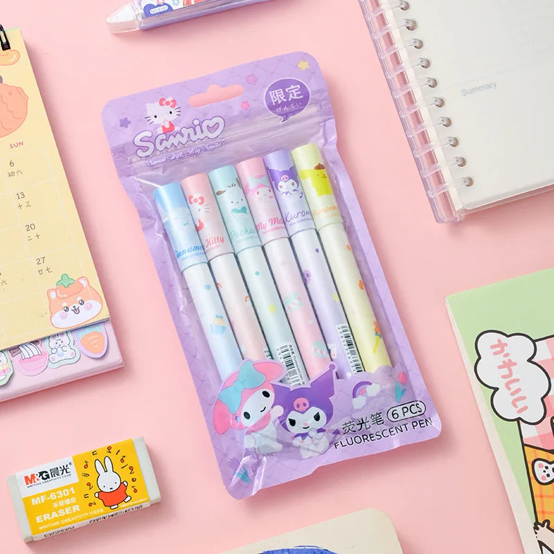 6Pcs Sanrio Hello Kitty Highlighter Pen Set Kawaii Kuromi Melody Cinnamoroll Art Fluorescent Markers Pens School Office Statione-6