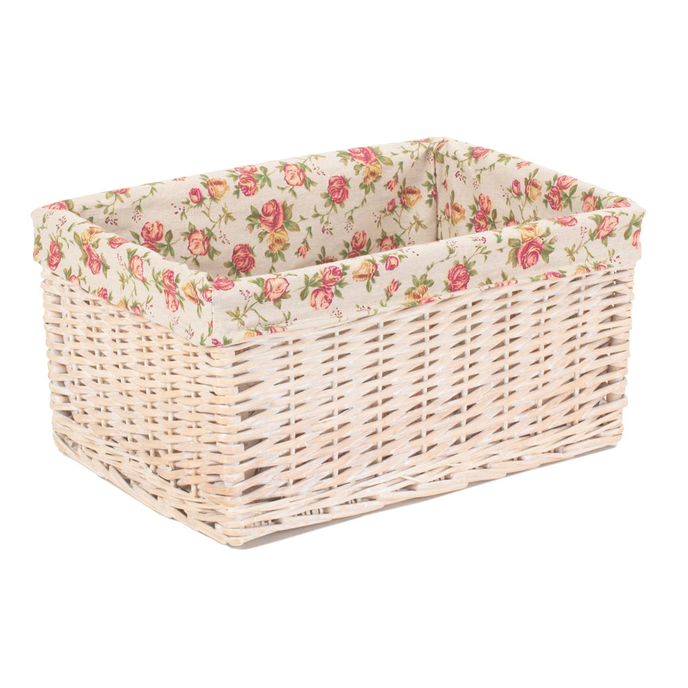 Whitewash Garden Rose Lined Wicker Storage Basket-3